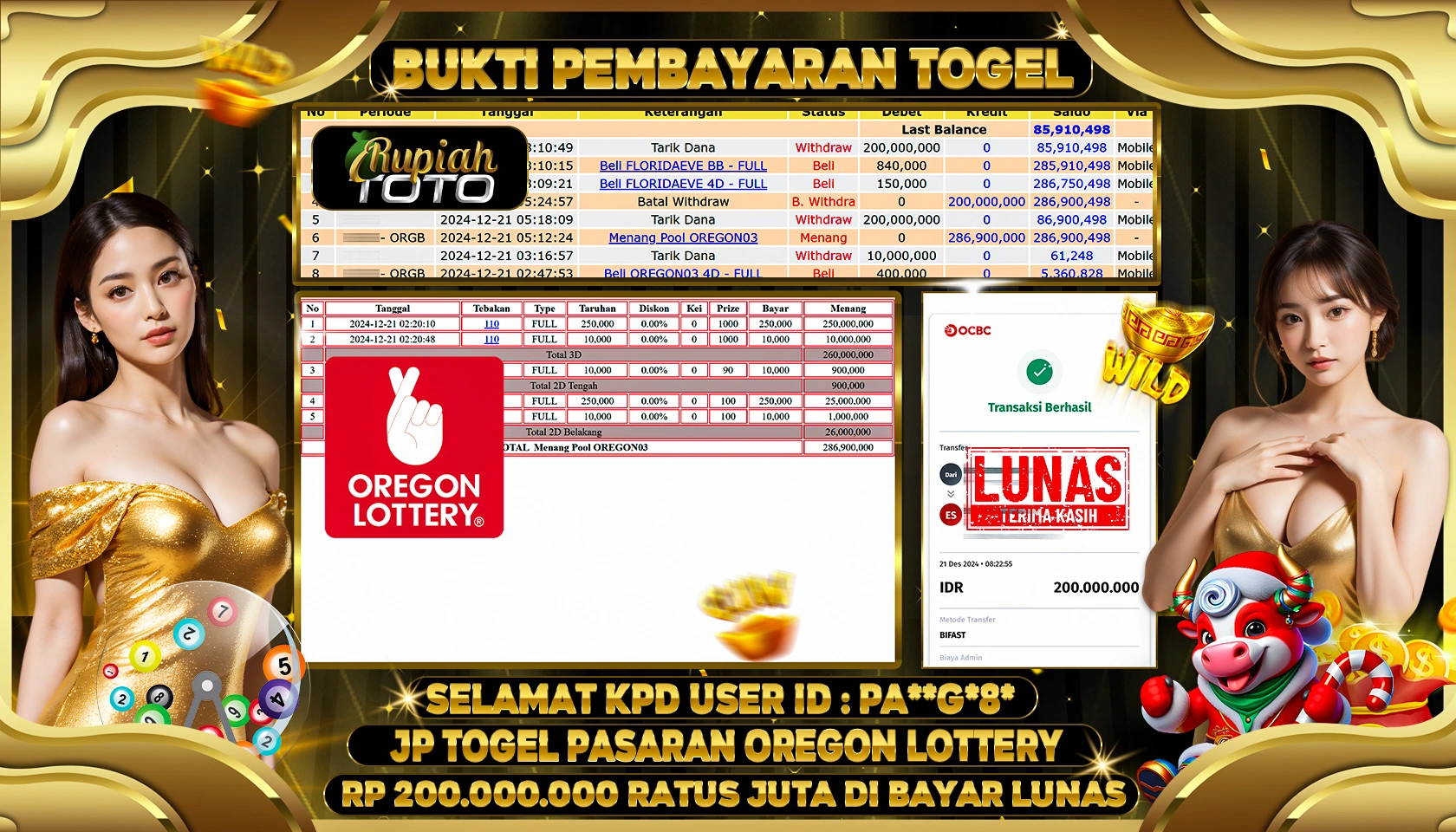 RUPIAHTOTO JACKPOT TOGEL PASARAN OREGON RP 200.000.000 RATUS JUTA LUNAS