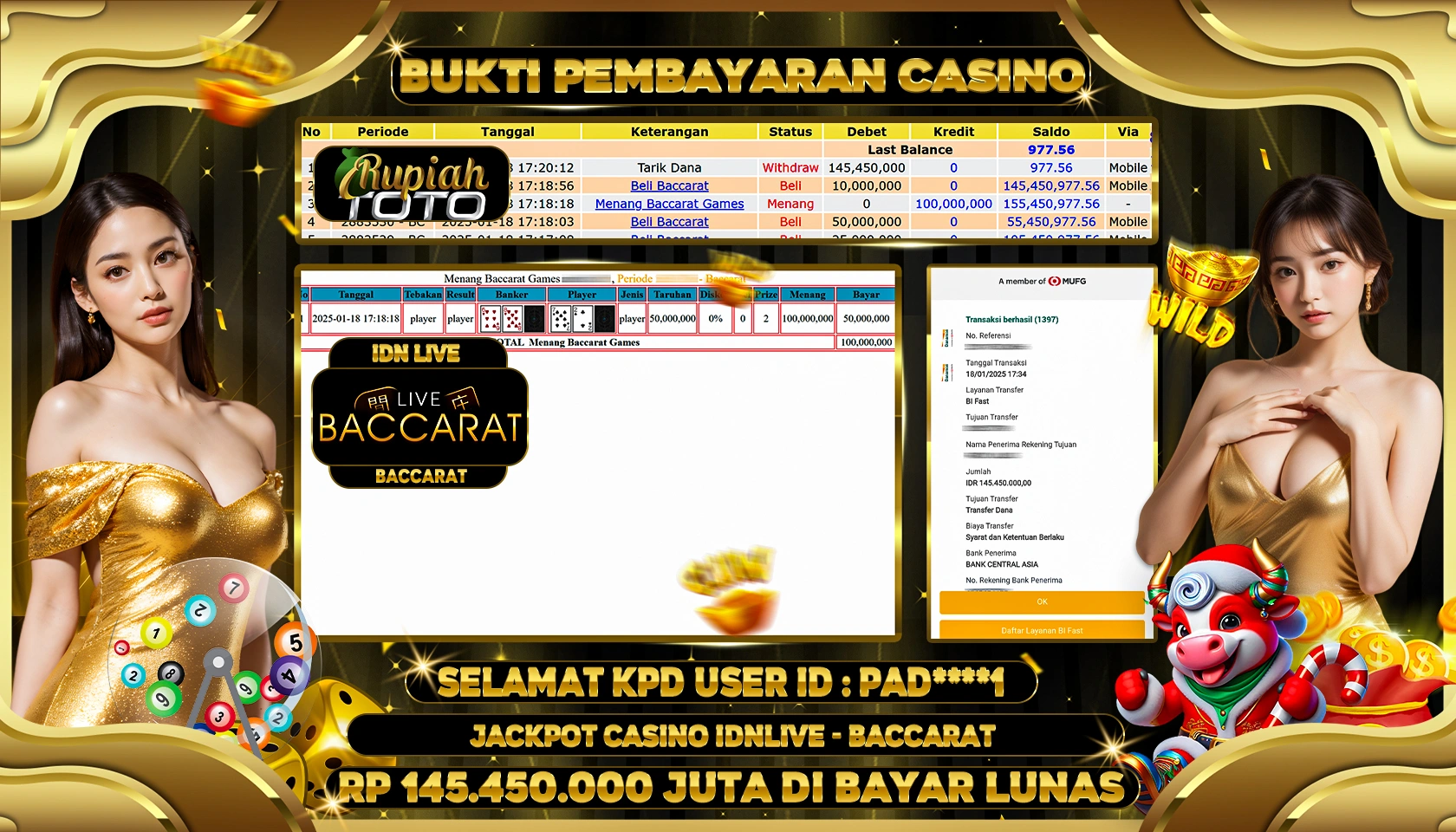 RUPIAHTOTO JACKPOT CASINO GAMES BACCARAT RP 145.450.000 JUTA LUNAS