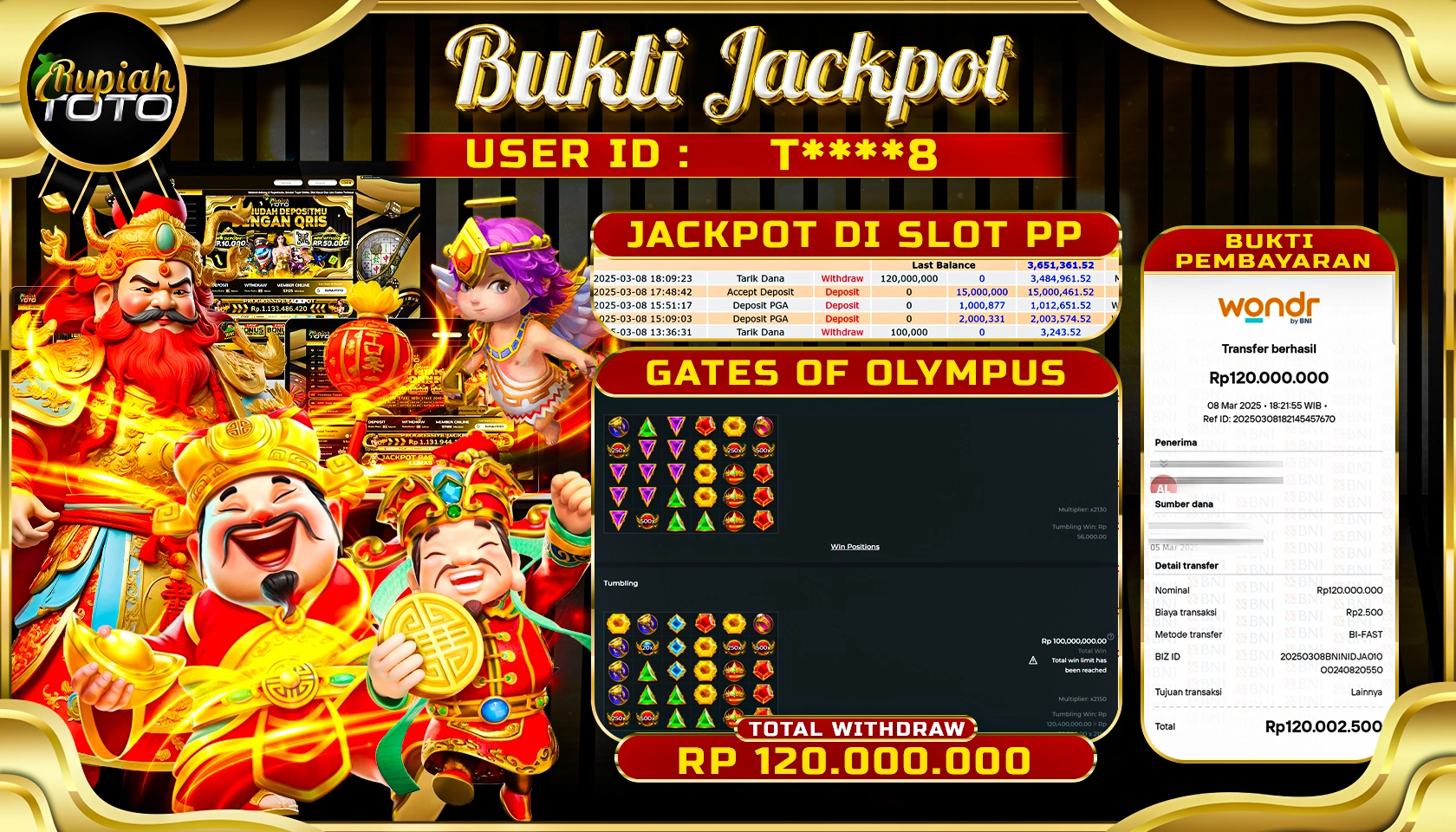 RUPIAHTOTO JACKPOT SLOT PRAGMATIC PLAY GAMES GATES OF OLYMPUS 1000 RP 120,000,000 RATUS JUTA RUPIAH LUNAS