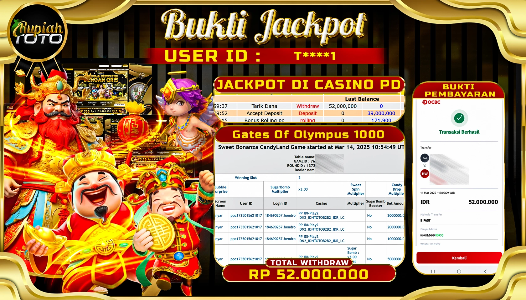 RUPIAHTOTO JACKPOT SLOT DI CASINO PP GATES OF OLYMPUS 1000 RP 52.000.000 JUTA RUPIAH LUNAS