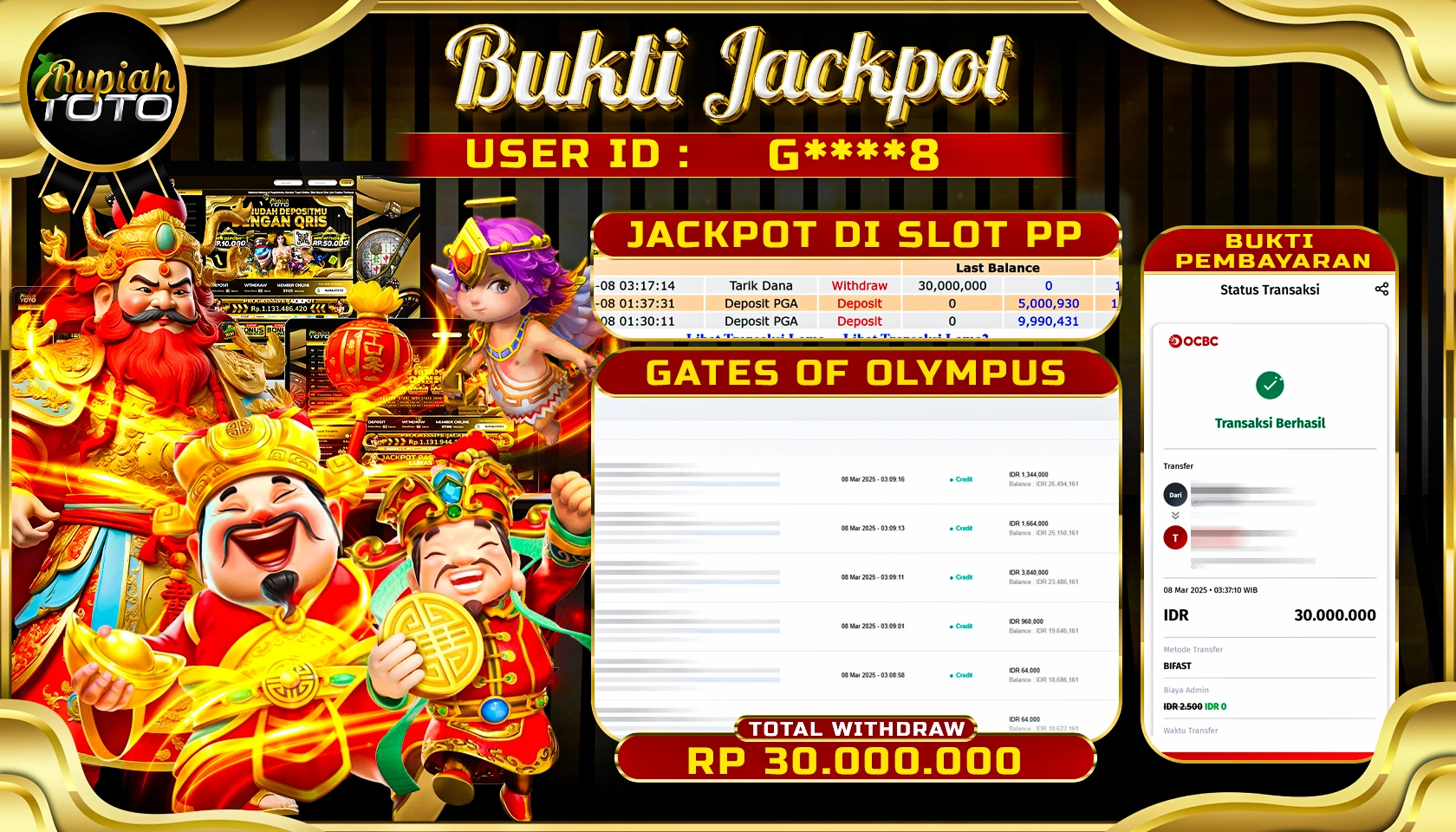 RUPIAHTOTO JACKPOT SLOT PRAGMATIC PLAY GAMES GATES OF OLYMPUS RP 30.000.000 JUTA RUPIAH LUNAS