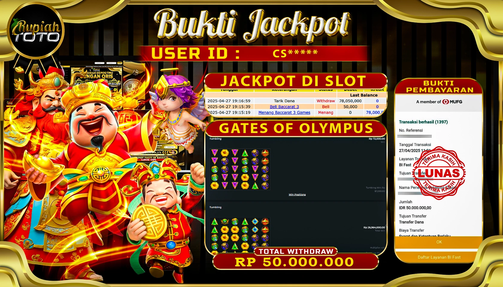 RUPIAHTOTO JACKPOT DI SLOT DI PRAGMATIC PLAY GAMES GATES OF OLYMPUS RP 50.000.000 JUTA RUPIAH LUNAS