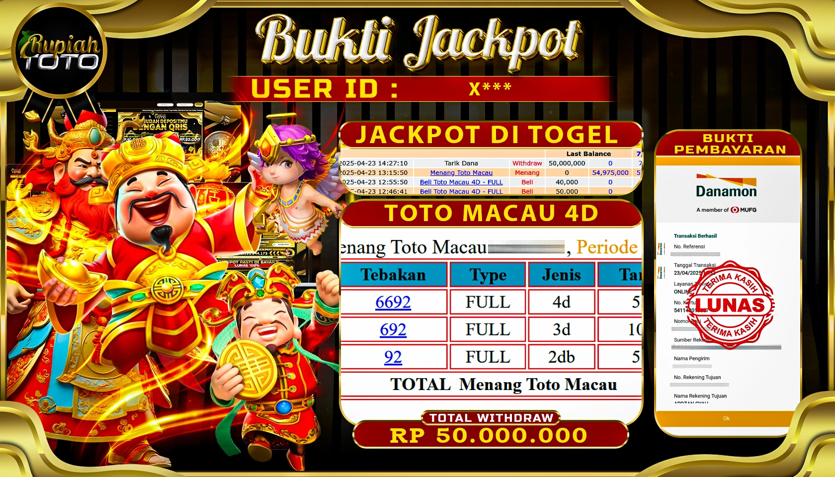 RUPIAHTOTO JACKPOT DI TOGEL PASARAN TOTOMACAU 4D  RP 50.000.000 JUTA RUPIAH LUNAS