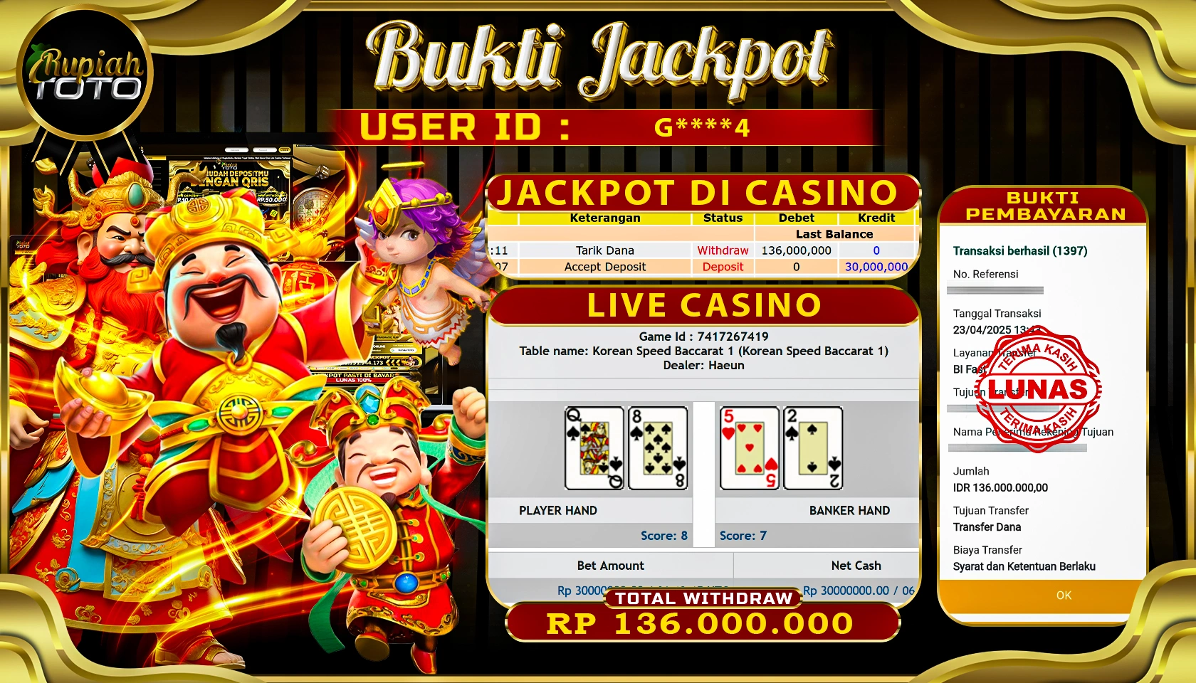 RUPIAHTOTO JACKPOT DI CASINO GAMES LIVE CASINO  RP 136.000.000 JUTA RUPIAH LUNAS