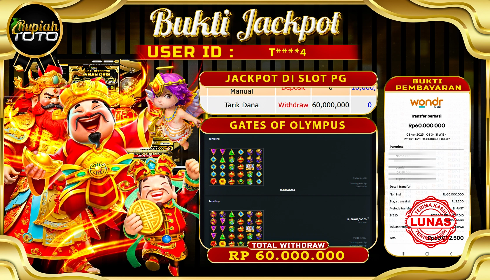 RUPIAHTOTO JACKPOT DI SLOT PRAGMATIC PLAY GAMES GATES OF OLYMPUS RP 60.000.000 JUTA RUPIAH LUNAS