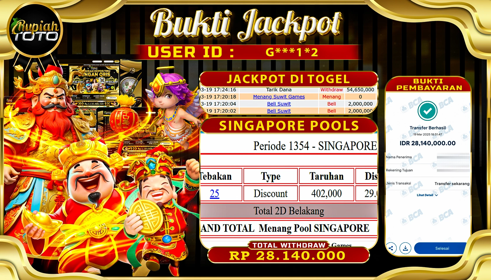 RUPIAHTOTO JACKPOT DI TOGEL  PASARAN SINGAPORE POOLS  RP 28.140.000 JUTA RUPIAH LUNAS