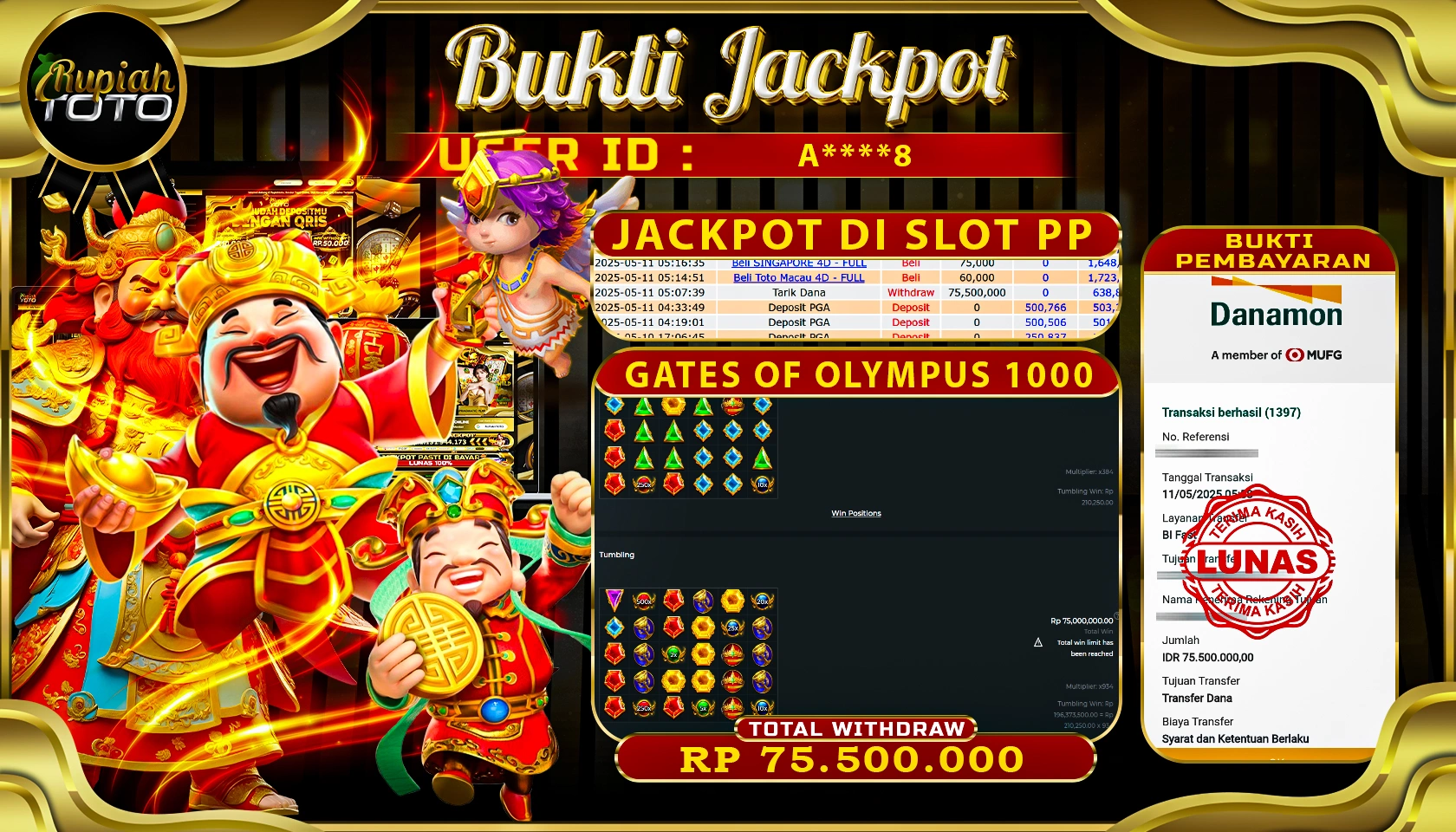 RUPIAHTOTO JACKPOT DI SLOT PRAGMATICPLAY GAME GATE OF OLYMPUS 1000 RP 75.500.000 JUTA RUPIAH LUNAS
