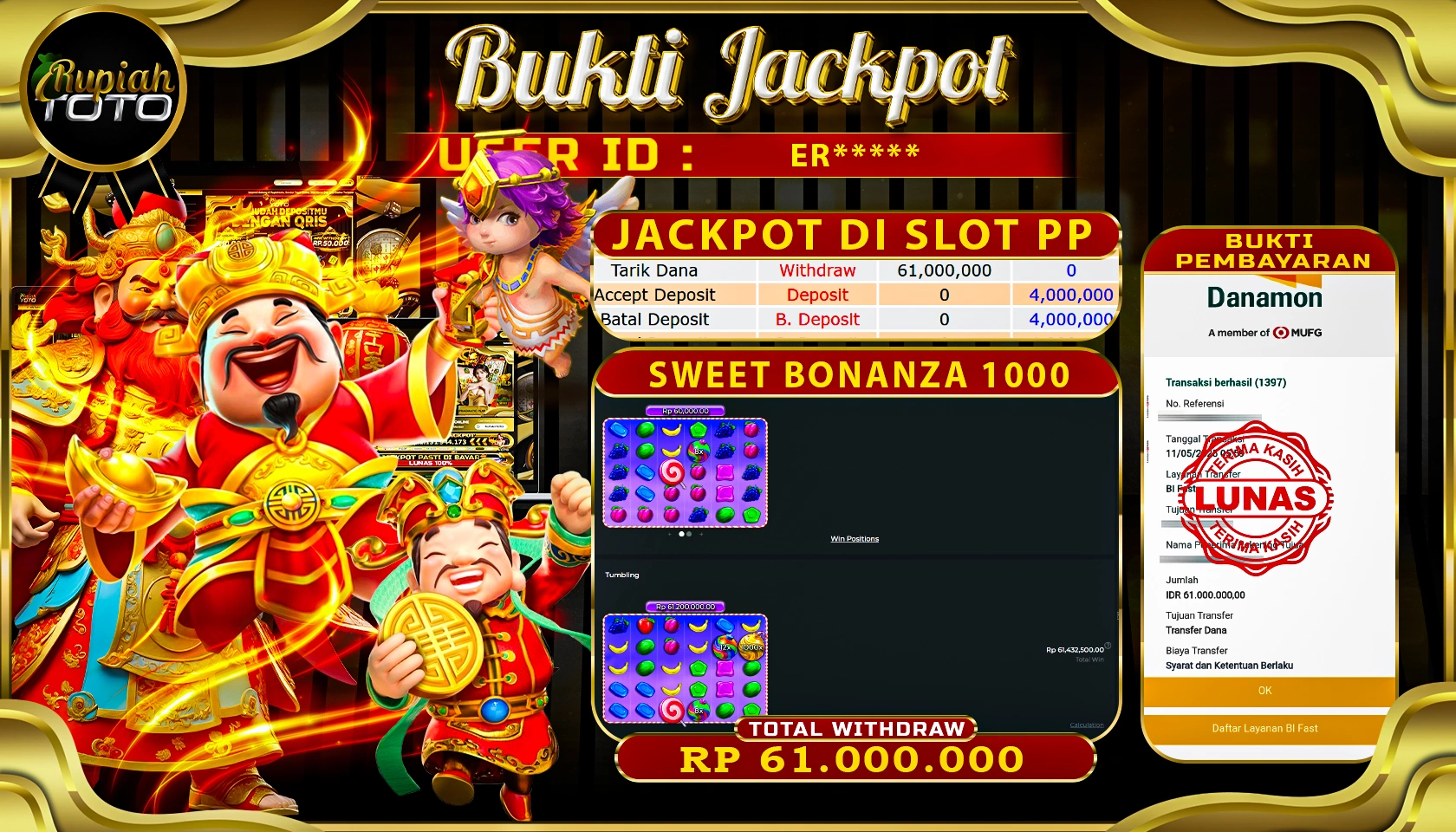 RUPIAHTOTO JACKPOT DI SLOT PRAGMATICPLAY GAME SWEET BONANZA 1000 RP 61.000.000 JUTA RUPIAH LUNAS