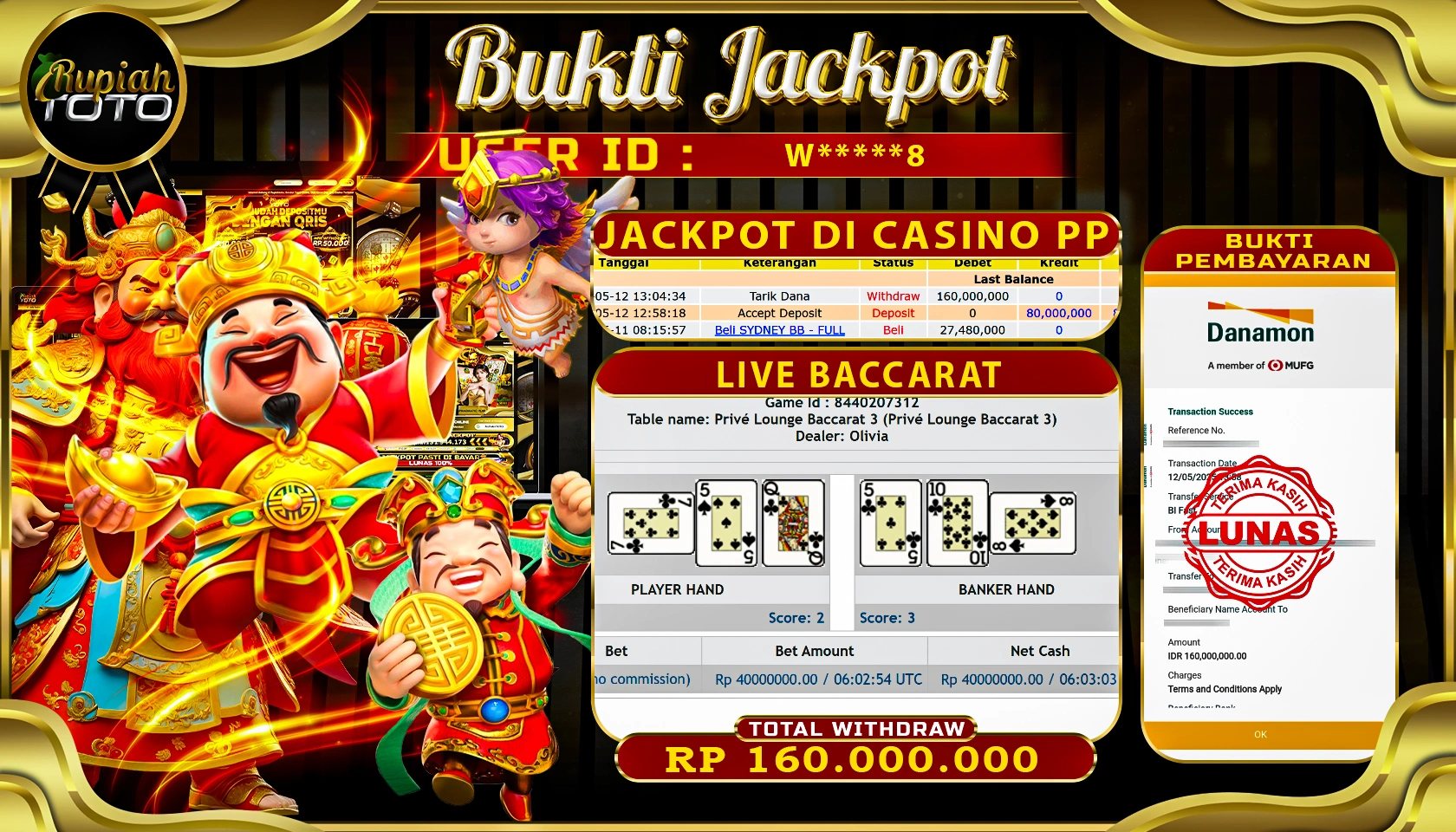 RUPIAHTOTO JACKPOT DI CASINO PRAGMATICPLAY GAME LIVE BACCARAT RP 160.000.000 JUTA RUPIAH LUNAS