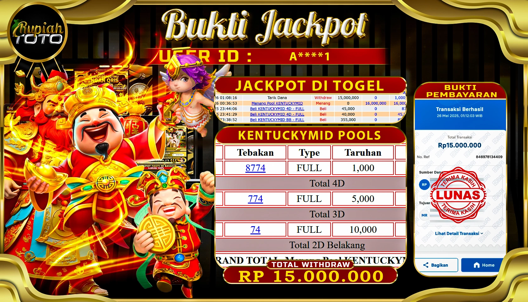 RUPIAHTOTO JACKPOT DI TOGEL PASARAN KENTUCKYMID POOLS RP 15.000.000 JUTA RUPIAH LUNAS