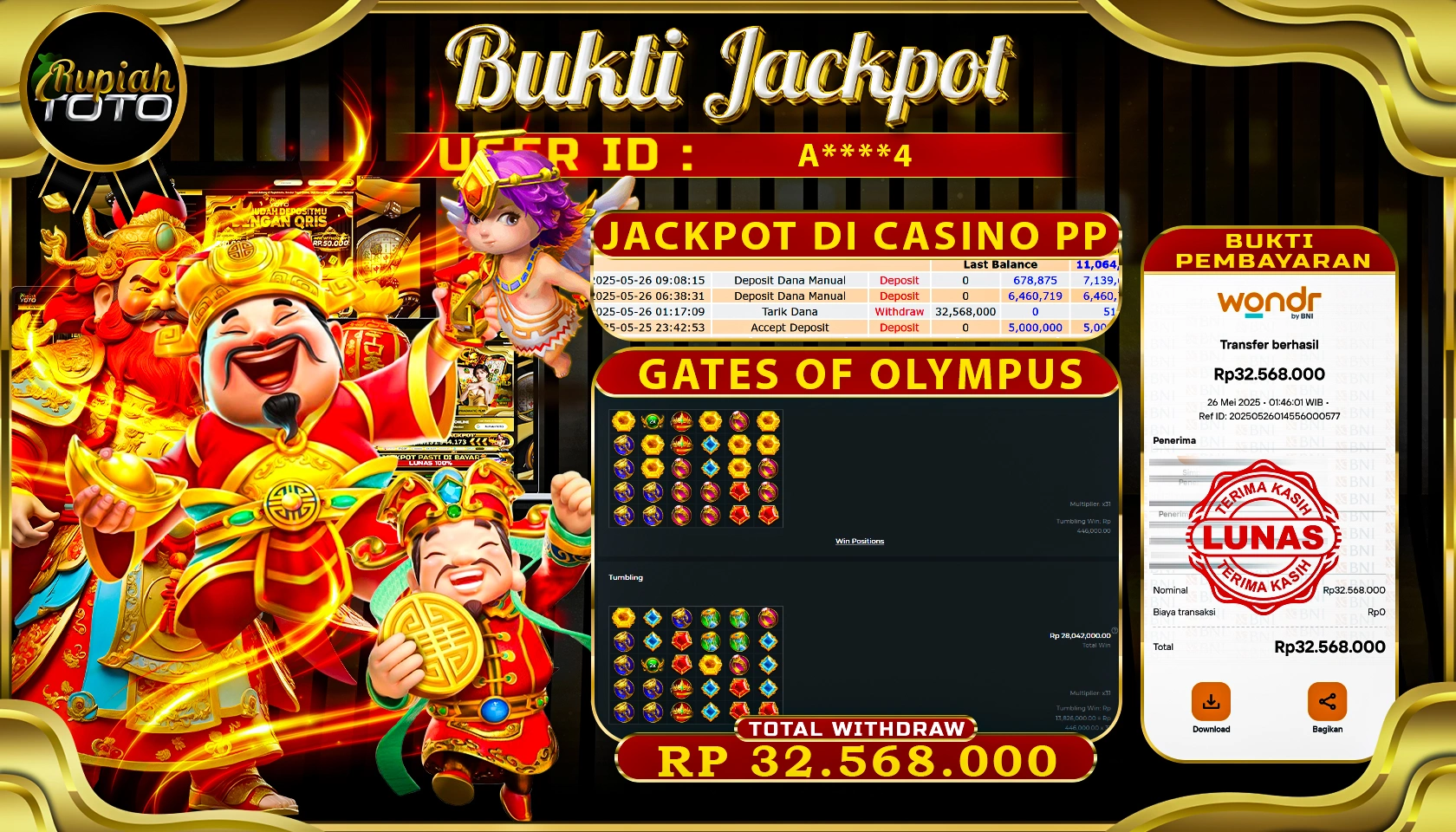 RUPIAHTOTO JACKPOT DI CASINO PRAGMATICPLAY GAME GATES OF OLYMPUS RP 32.568.000 JUTA RUPIAH LUNAS