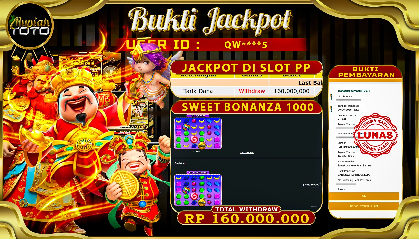 RUPIAHTOTO JACKPOT DI SLOT PRAGMATICPLAY GAME SWEET BONANZA 1000 RP 160.000.000 JUTA RUPIAH LUNAS