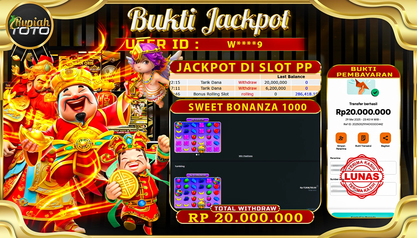 RUPIAHTOTO JACKPOT DI SLOT PRAGMATICPLAY GAME SWEET BONANZA 1000 RP 20.000.000 JUTA RUPIAH LUNAS