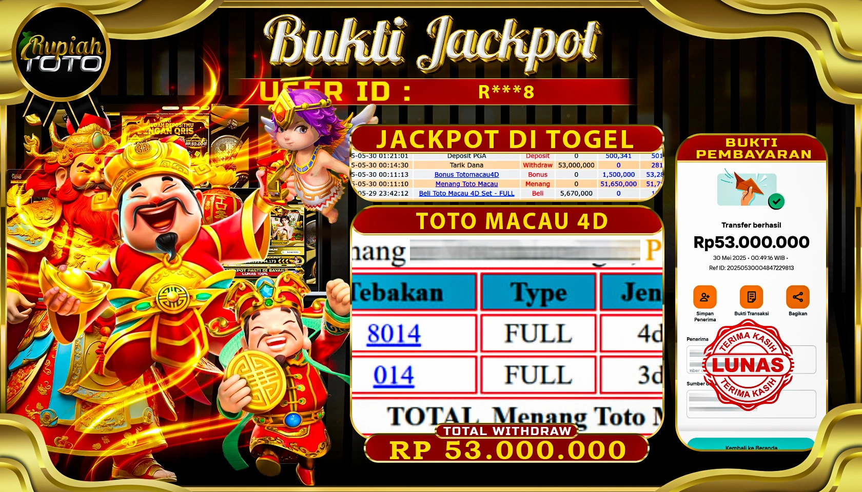 RUPIAHTOTO JACKPOT DI TOGEL PASARAN TOTOMACAU 4D RP 53.000.000 JUTA RUPIAH LUNAS