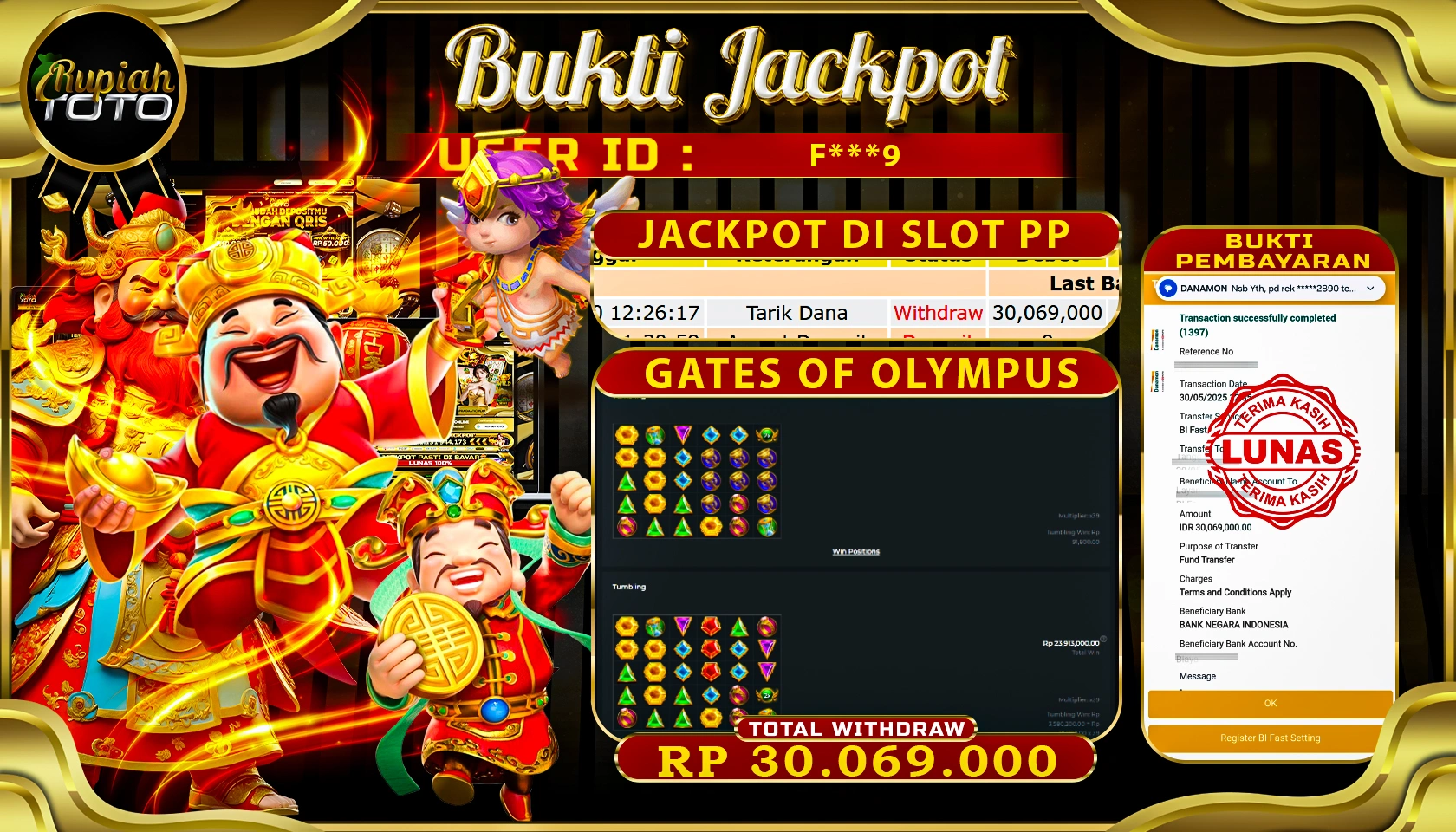 RUPIAHTOTO JACKPOT DI SLOT PRAGMATICPLAY GAME GATES OF OLYMPUS RP 30.069.000 JUTA RUPIAH LUNAS