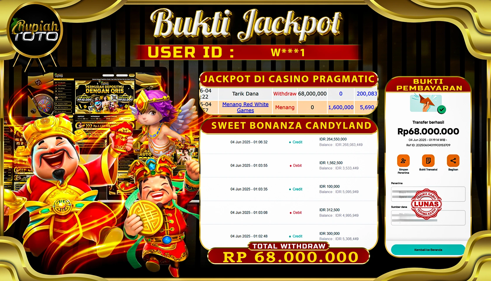 RUPIAHTOTO JACKPOT DI CASINO PRAGMATICPLAY GAME SWEET BONANZA CANDYLAND RP 68.000.000 JUTA RUPIAH LUNAS