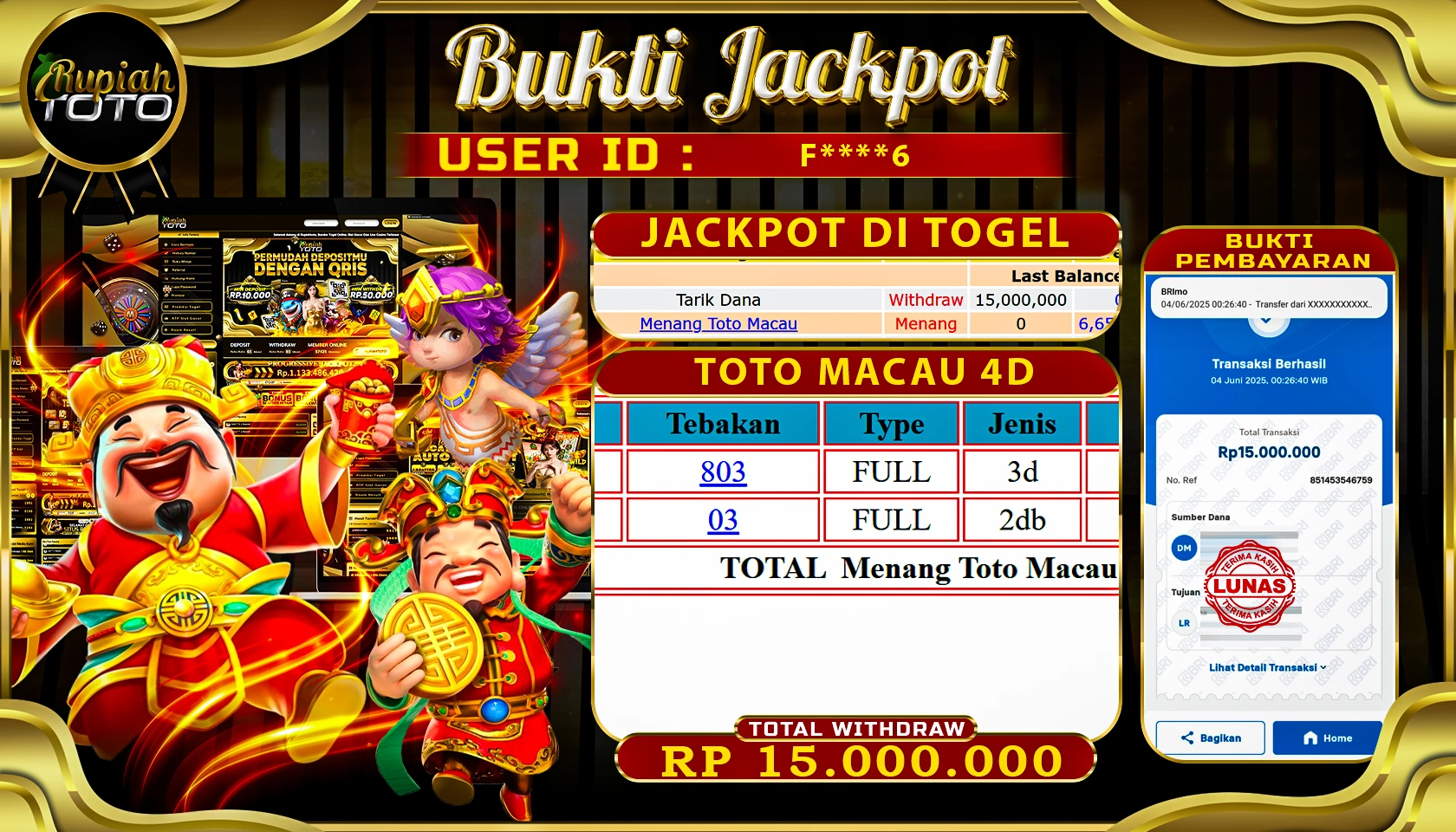 RUPIAHTOTO JACKPOT DI TOGEL PASARAN TOTOMACAU 4D RP 15.000.000 JUTA RUPIAH LUNAS