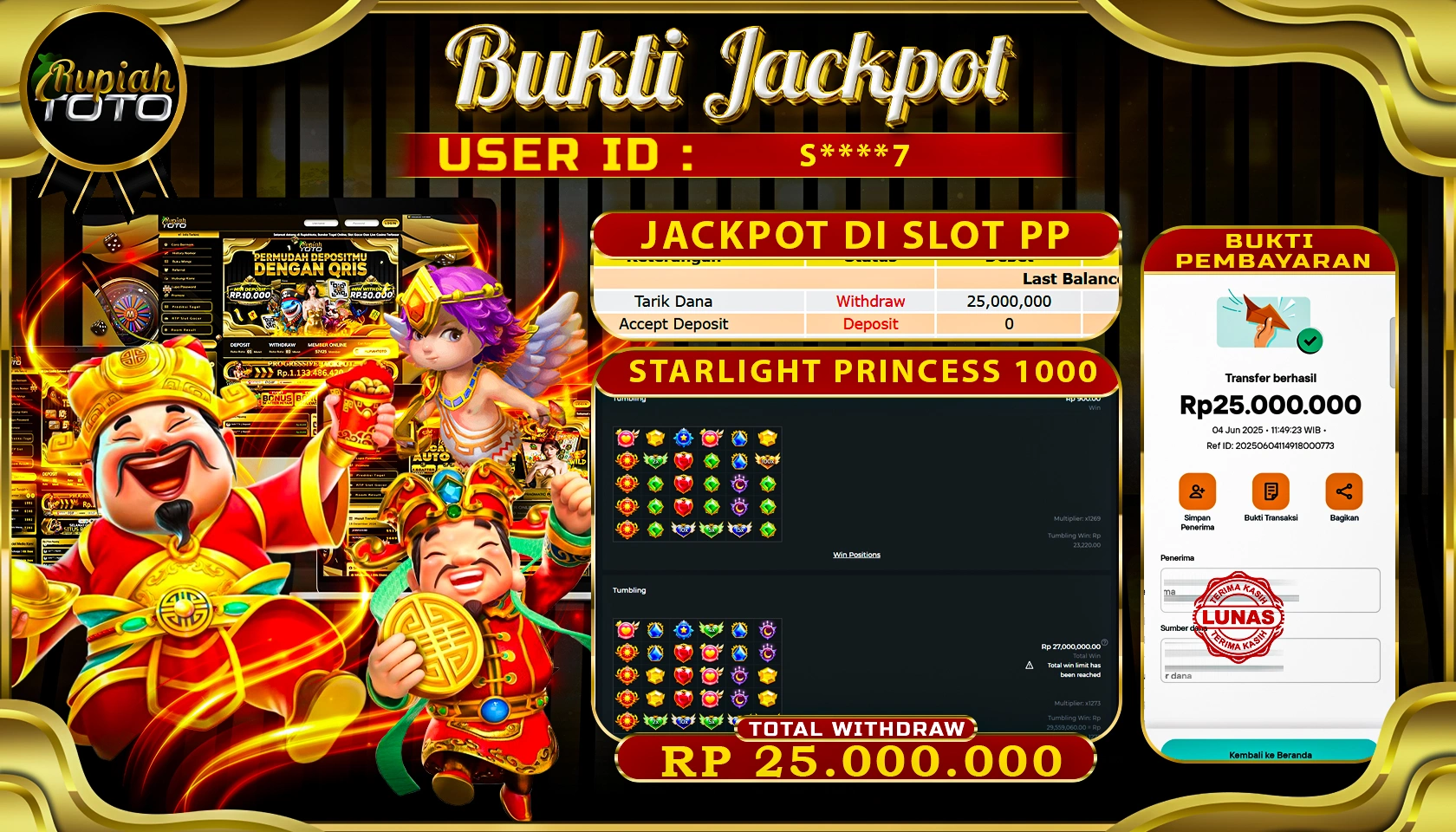 RUPIAHTOTO JACKPOT DI SLOT PRAGMATICPLAY GAME STARLIGHT PRINCESS 1000 RP 25.000.000 JUTA RUPIAH LUNAS