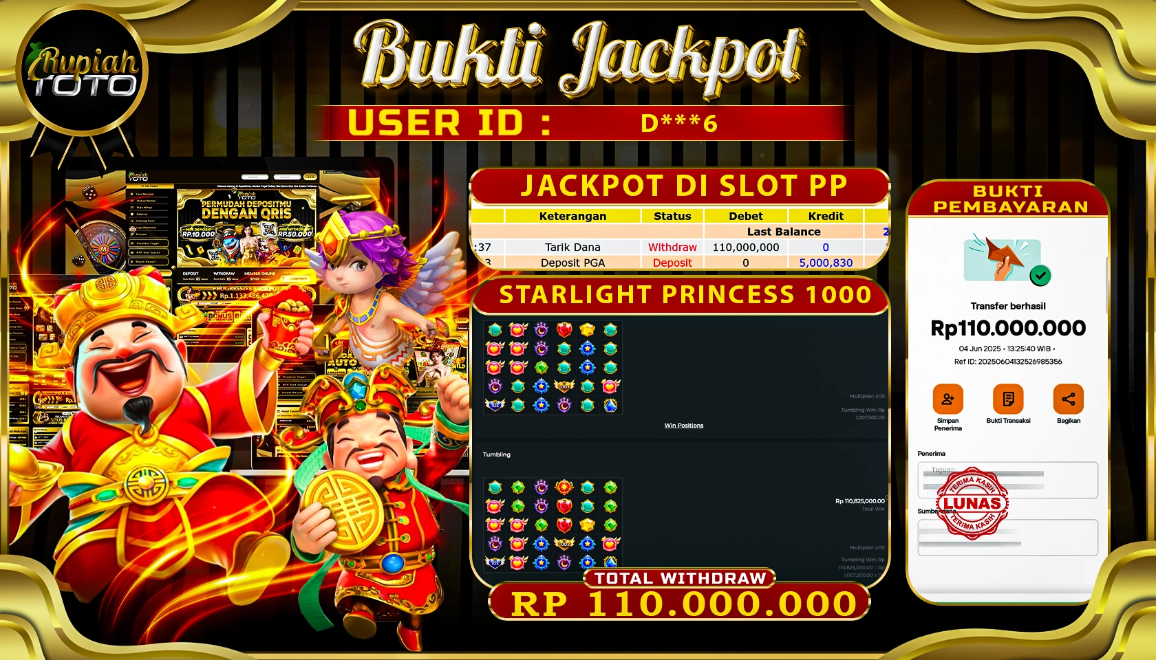 RUPIAHTOTO JACKPOT DI SLOT PRAGMATICPLAY GAME STARLIGHT PRINCESS 1000 RP 110.000.000 JUTA RUPIAH LUNAS