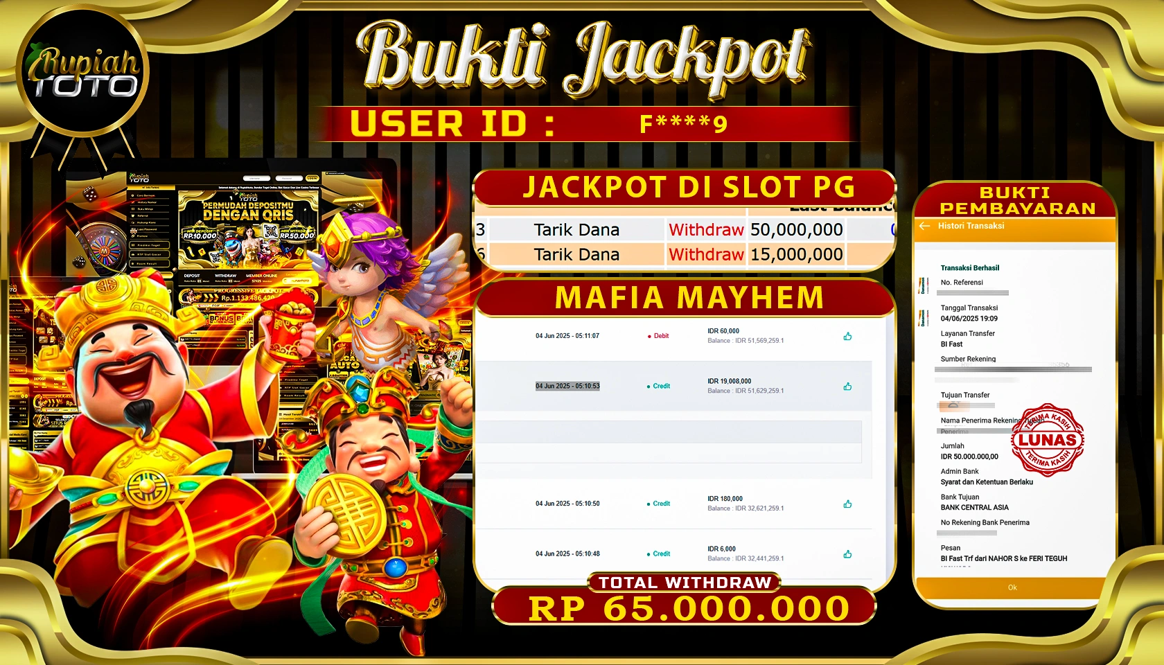 RUPIAHTOTO JACKPOT DI SLOT PGSOFT GAME MAFIA MAYHEM RP 65.000.000 JUTA RUPIAH LUNAS