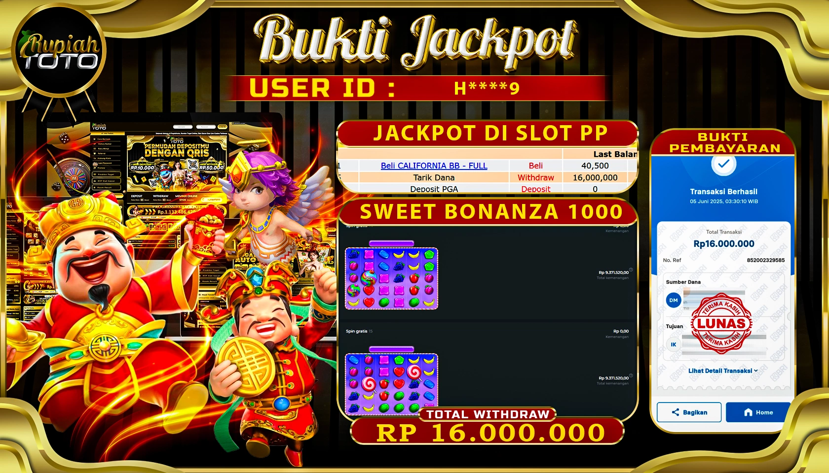 RUPIAHTOTO JACKPOT DI SLOT PRAGMATICPLAY GAME SWEET BONANZA 1000 RP 16.000.000 JUTA RUPIAH LUNAS