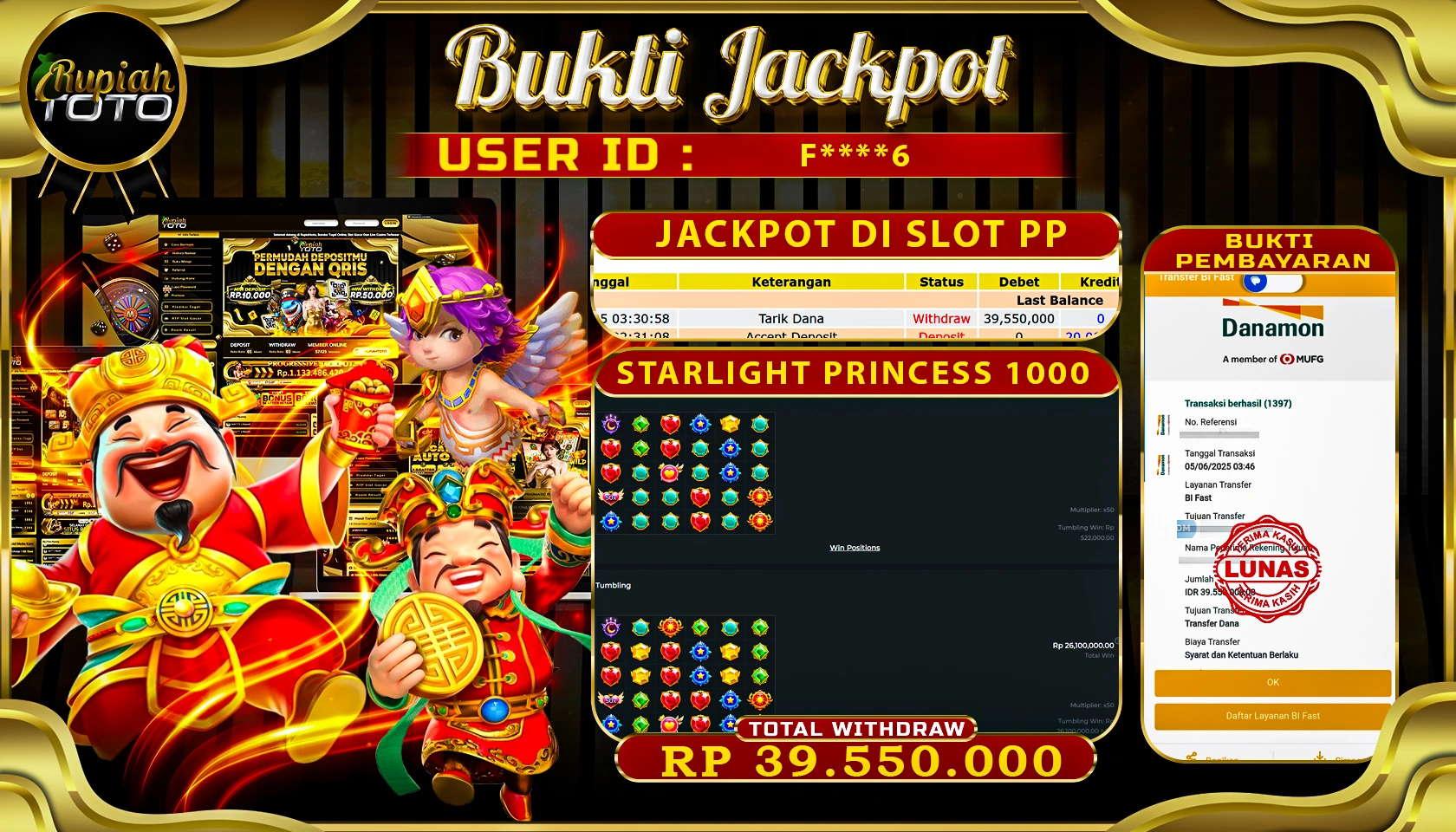 RUPIAHTOTO JACKPOT DI SLOT PRAGMATICPLAY GAME STARLIGHT PRINCESS 1000 RP 39.550.000 JUTA RUPIAH LUNAS