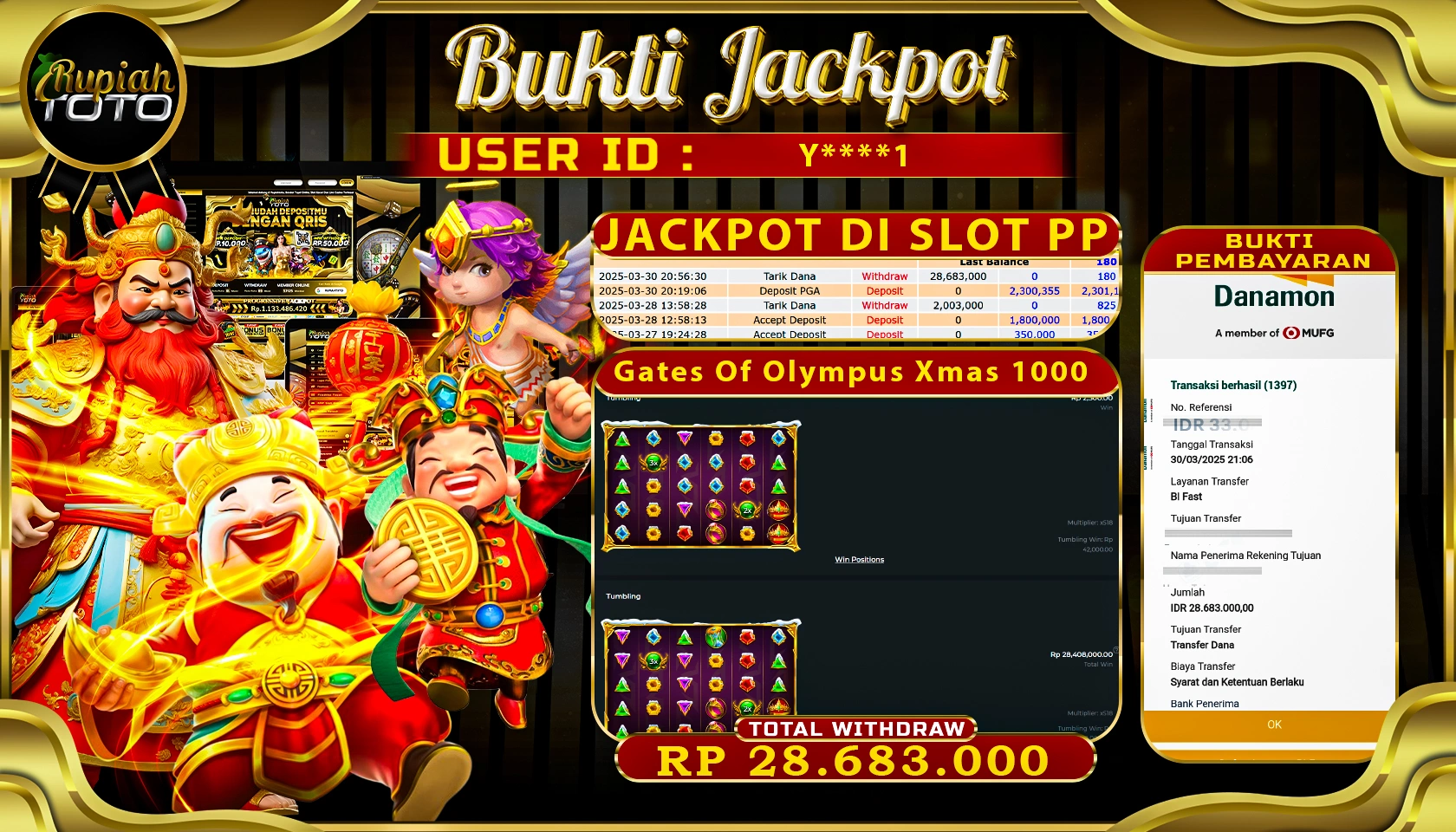 RUPIAHTOTO JACKPOT DI SLOT PRAGMATIC PLAY GAMES GATES OF OLYMPUS XMAS 1000  RP 28.683.000 JUTA RUPIAH LUNAS