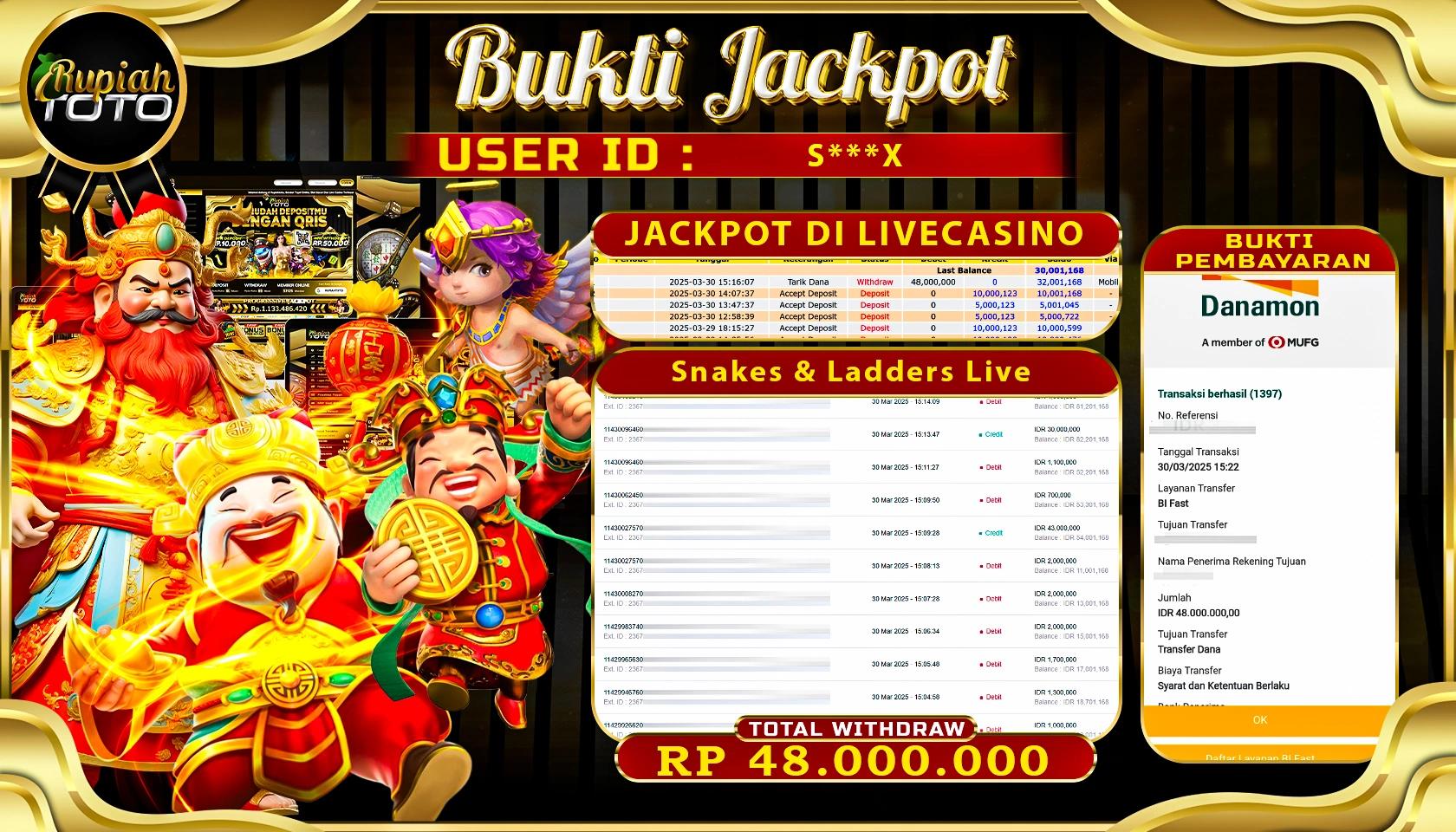 RUPIAHTOTO JACKPOT DI LIVECASINO GAMES SNAKES & LADDERS LIVE  RP 48.000.000 JUTA RUPIAH LUNAS