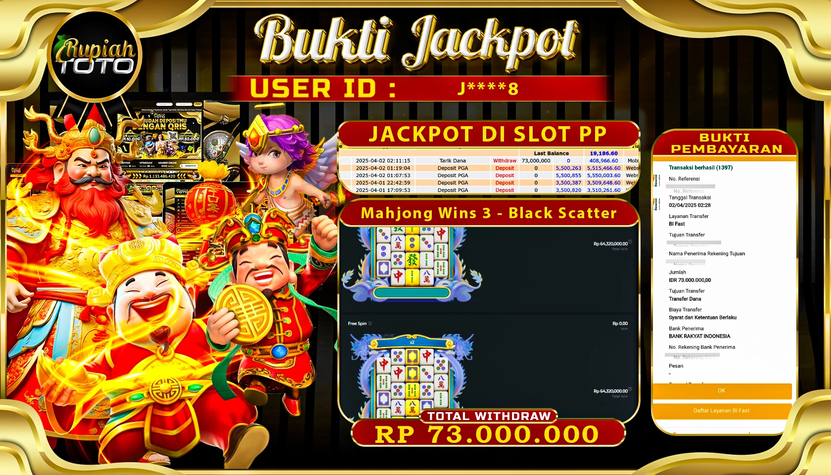 RUPIAHTOTO JACKPOT DI SLOT PRAGMATIC PLAY GAMES MAHJONG WINS 3 - BLACK SCATTER RP 73.000.000 JUTA RUPIAH LUNAS