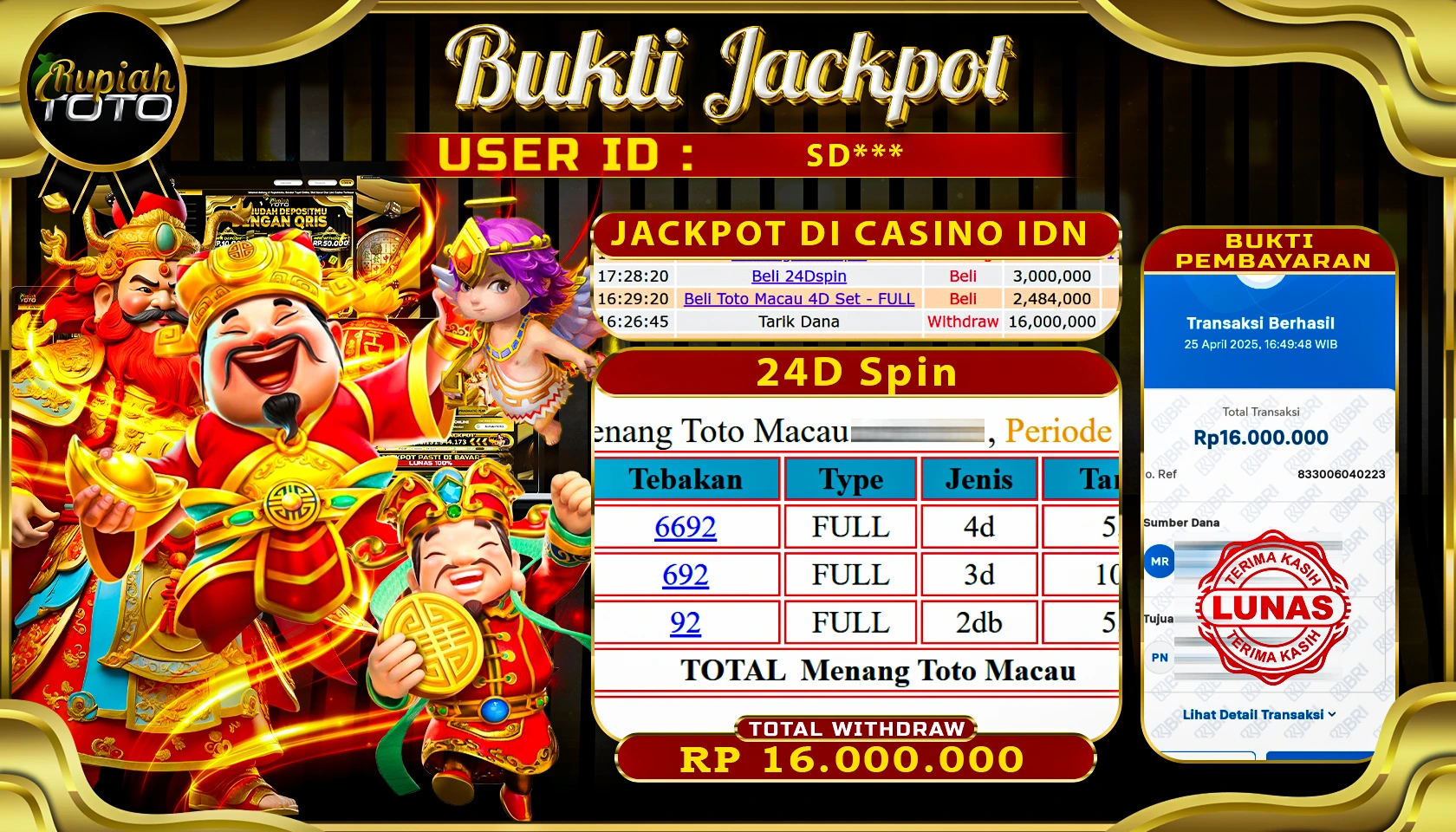RUPIAHTOTO JACKPOT DI CASINO IDN GAMES 24D SPIN RP 16.000.000 JUTA RUPIAH LUNAS