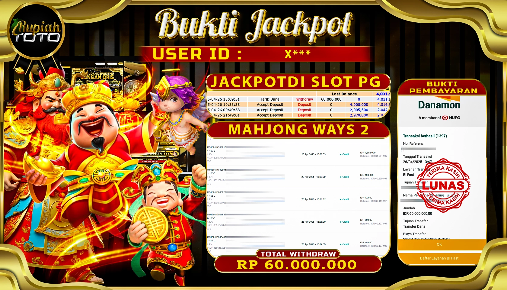RUPIAHTOTO JACKPOT DI SLOT PG SOFT GAMES MAHJONG WAYS 2 RP 60.000.0000 JUTA RUPIAH LUNAS
