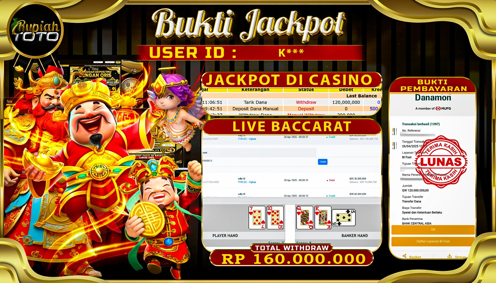 RUPIAHTOTO JACKPOT DI CASINO GAMES LIVE BACCRAT RP 160.000.000 JUTA RUPIAH LUNAS