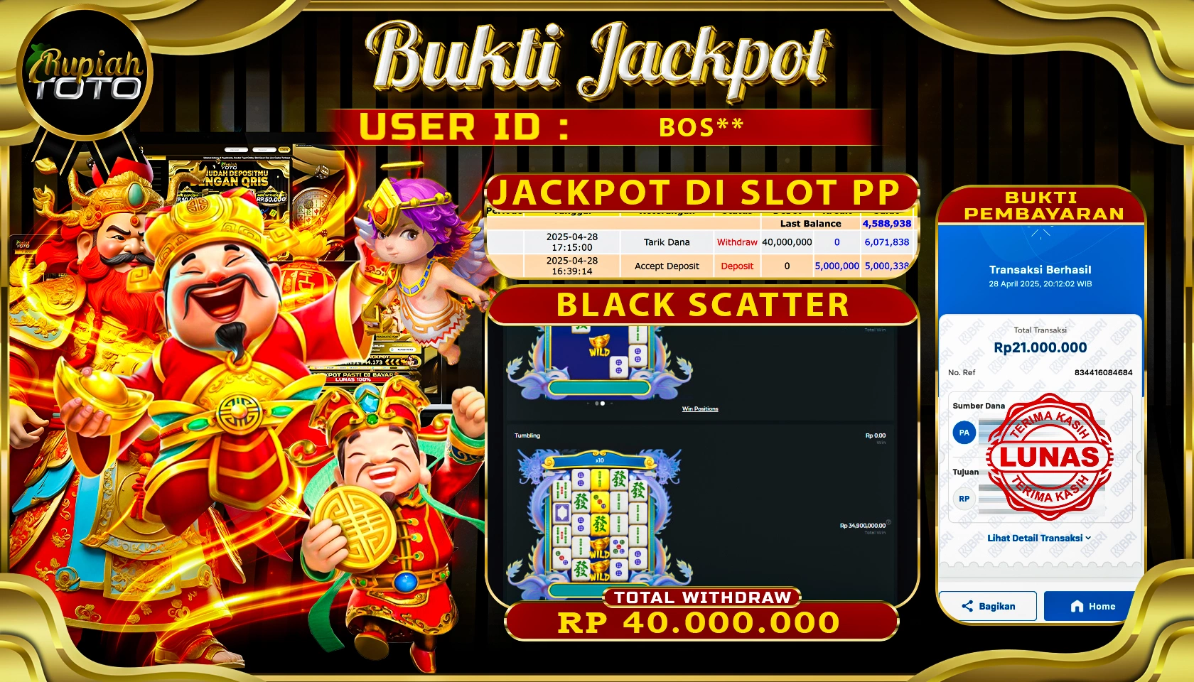 RUPIAHTOTO JACKPOT DI SLOT PRAGMATIC PLAY GAMES BLACK SCATTER  RP 40.000.000 JUTA RUPIAH LUNAS 