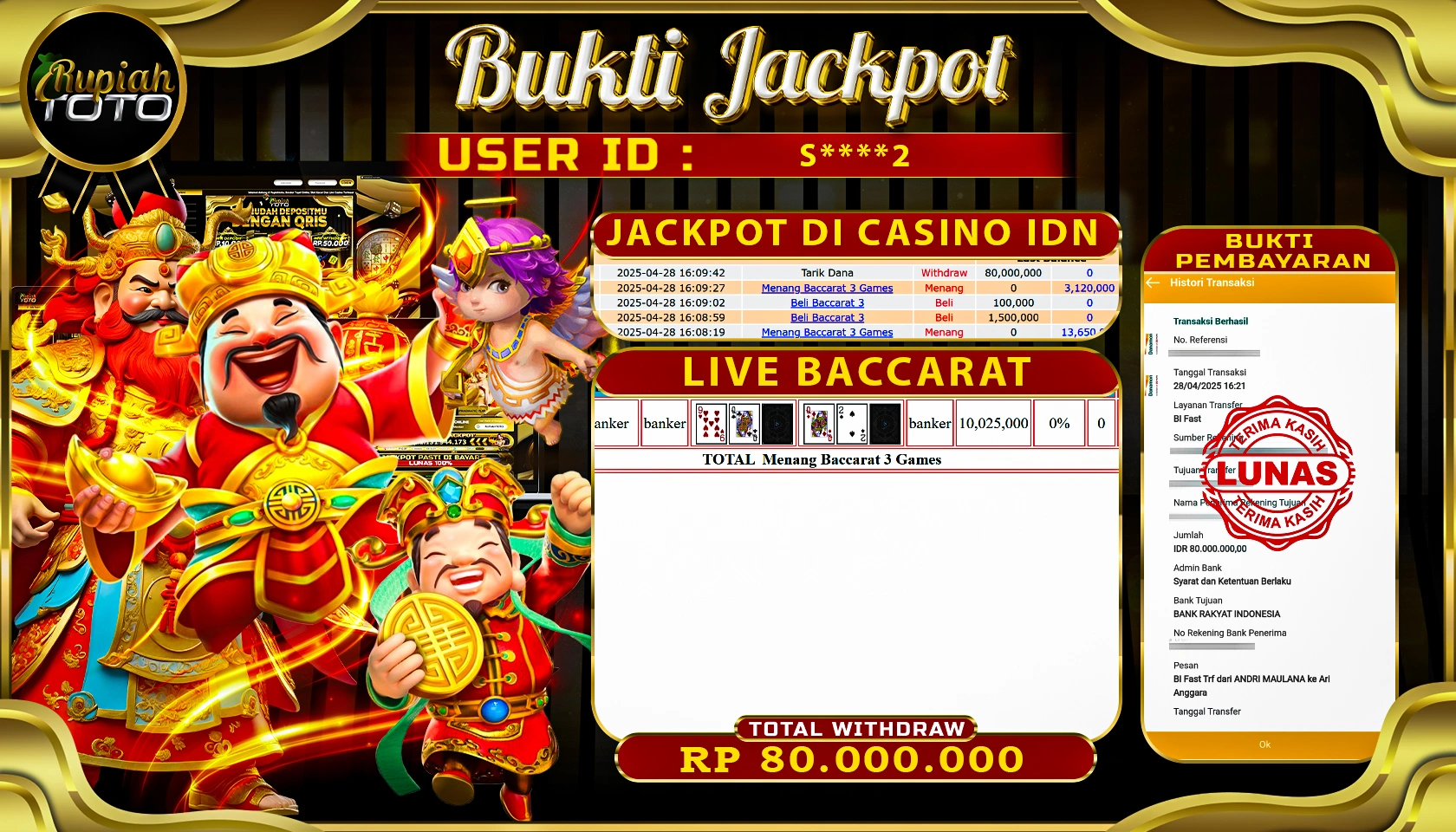 RUPIAHTOTO JACKPOT DI CASINO IDN GAMES LIVE BACCARAT  RP 80.000.000 JUTA RUPIAH LUNAS 