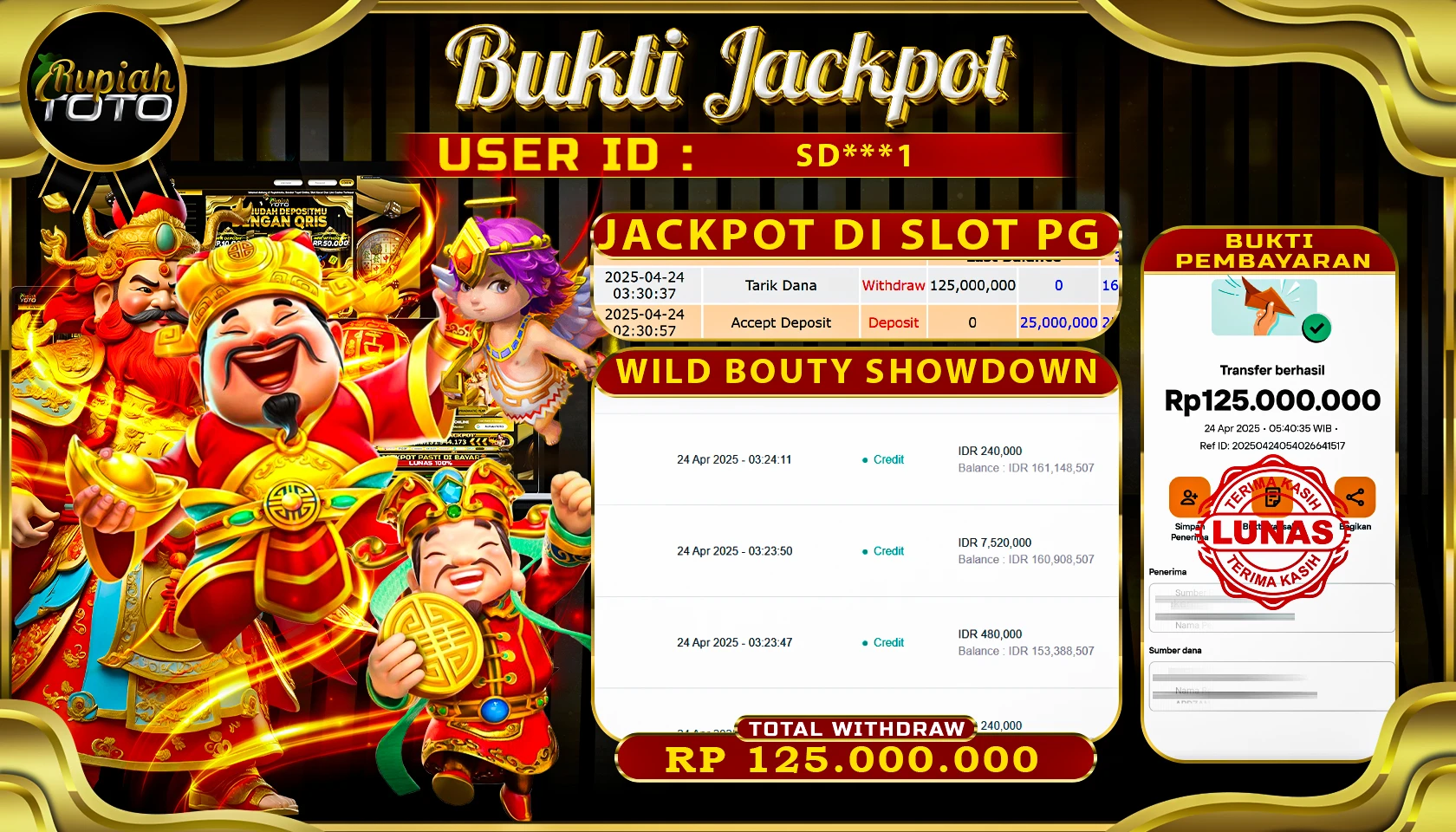 RUPIAHTOTO JACKPOT DI SLOT PG SOFT GAMES WILD BOUNTY SHOWDOWN RP 125.000.000 JUTA RUPIAH LUNAS