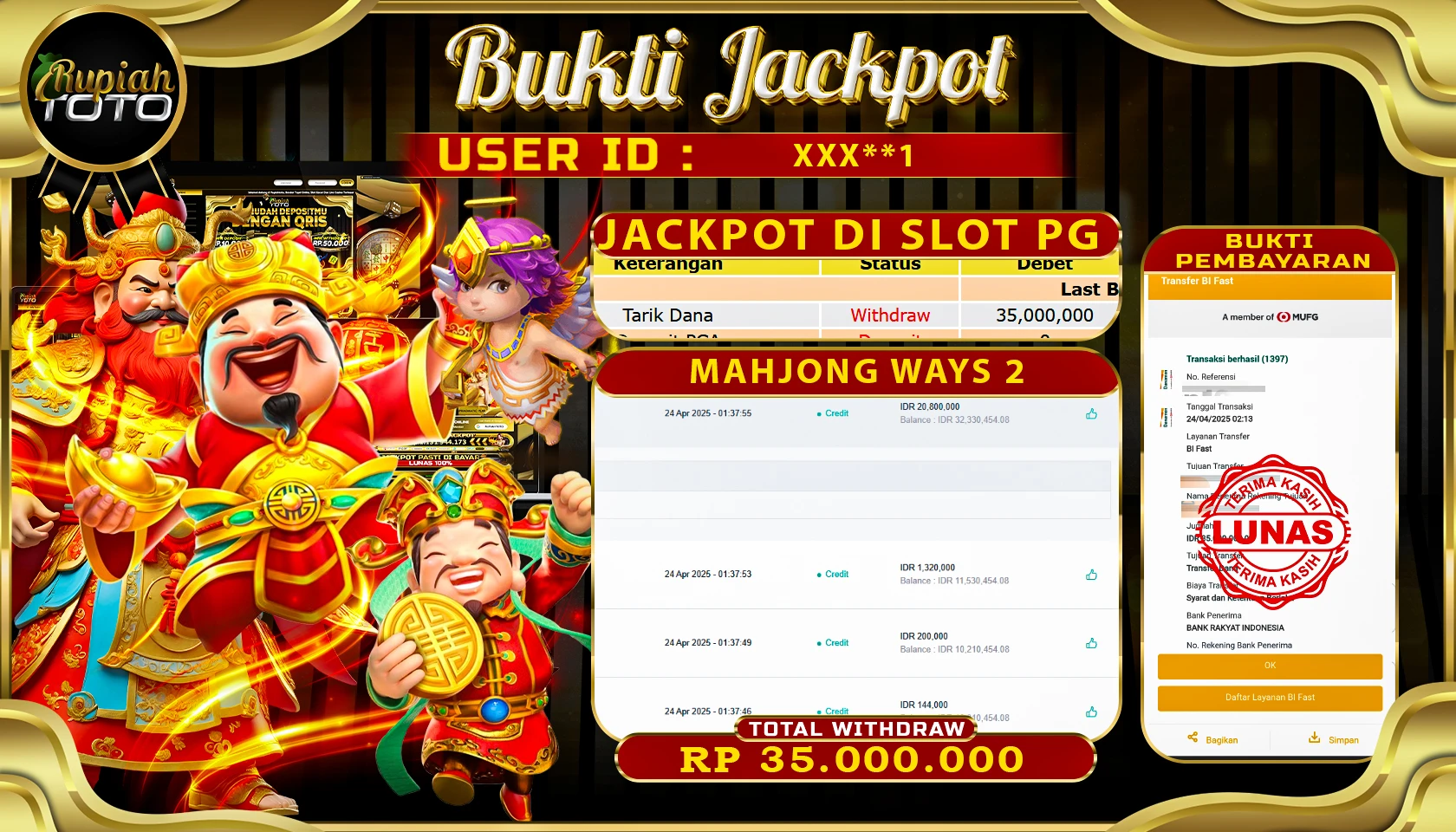 RUPIAHTOTO JACKPOT DI SLOT PG SOFT GAMES MAHJONG WAYS 2 RP 35.000.000 JUTA RUPIAH LUNAS