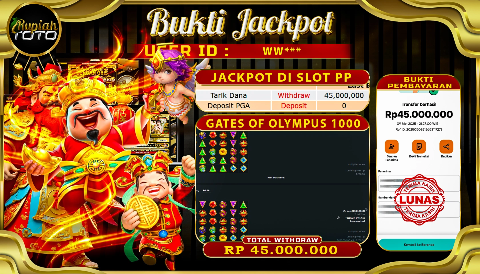 RUPIAHTOTO JACKPOT DI SLOT PRAGMATICPLAY GAME GATE OF OLYMPUS 1000 RP 45.000.000 JUTA RUPIAH LUNAS