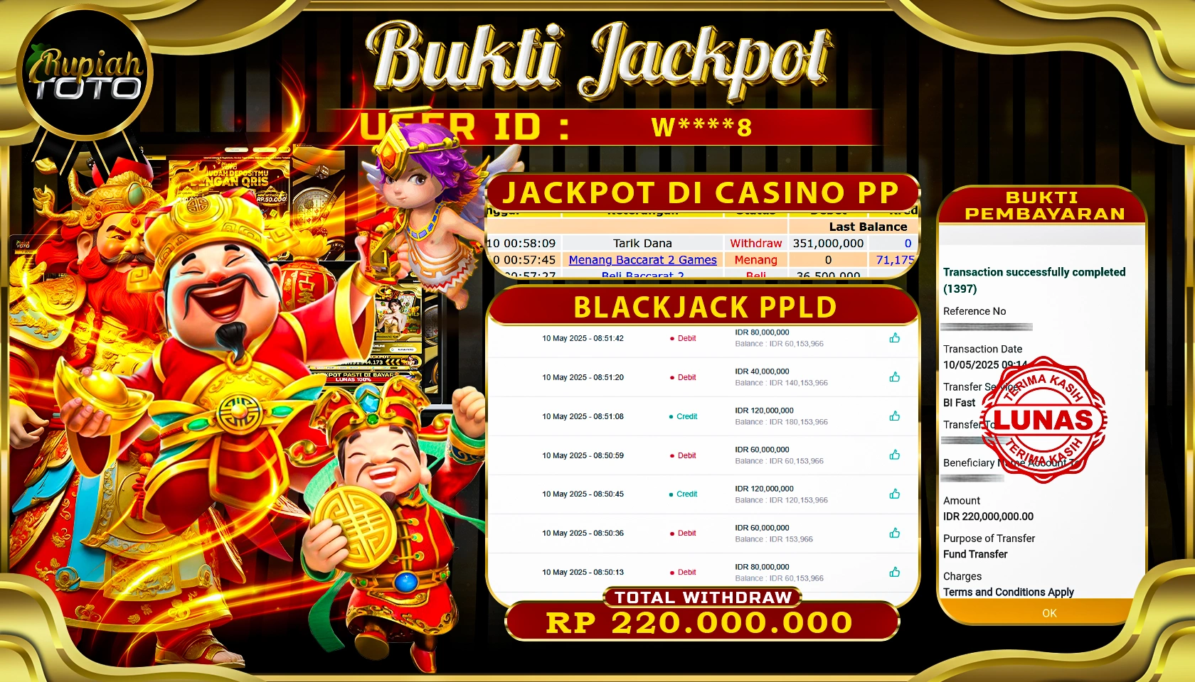 RUPIAHTOTO JACKPOT DI CASINO PRAGMATICPLAY GAME BLAKJACK PPLD RP 220.000.000 JUTA RUPIAH LUNAS