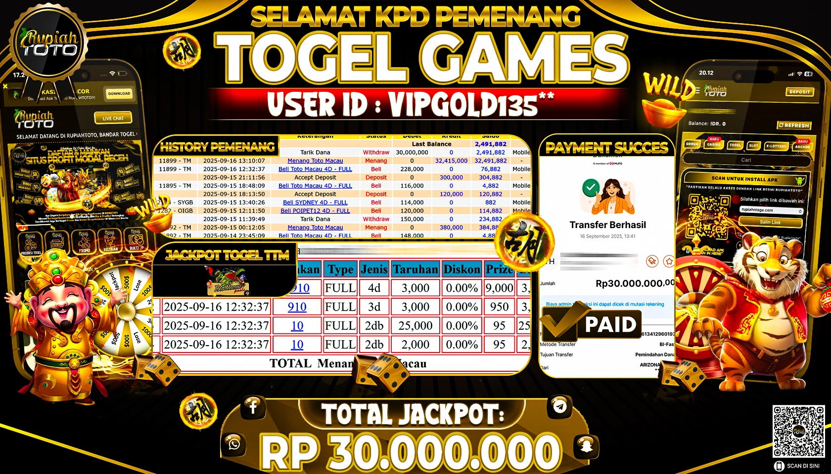 RUPIAHTOTO JACKPOT TOGEL - TOTO MACAU 4D RP 30.000.000 JUTA RUPIAH LUNAS