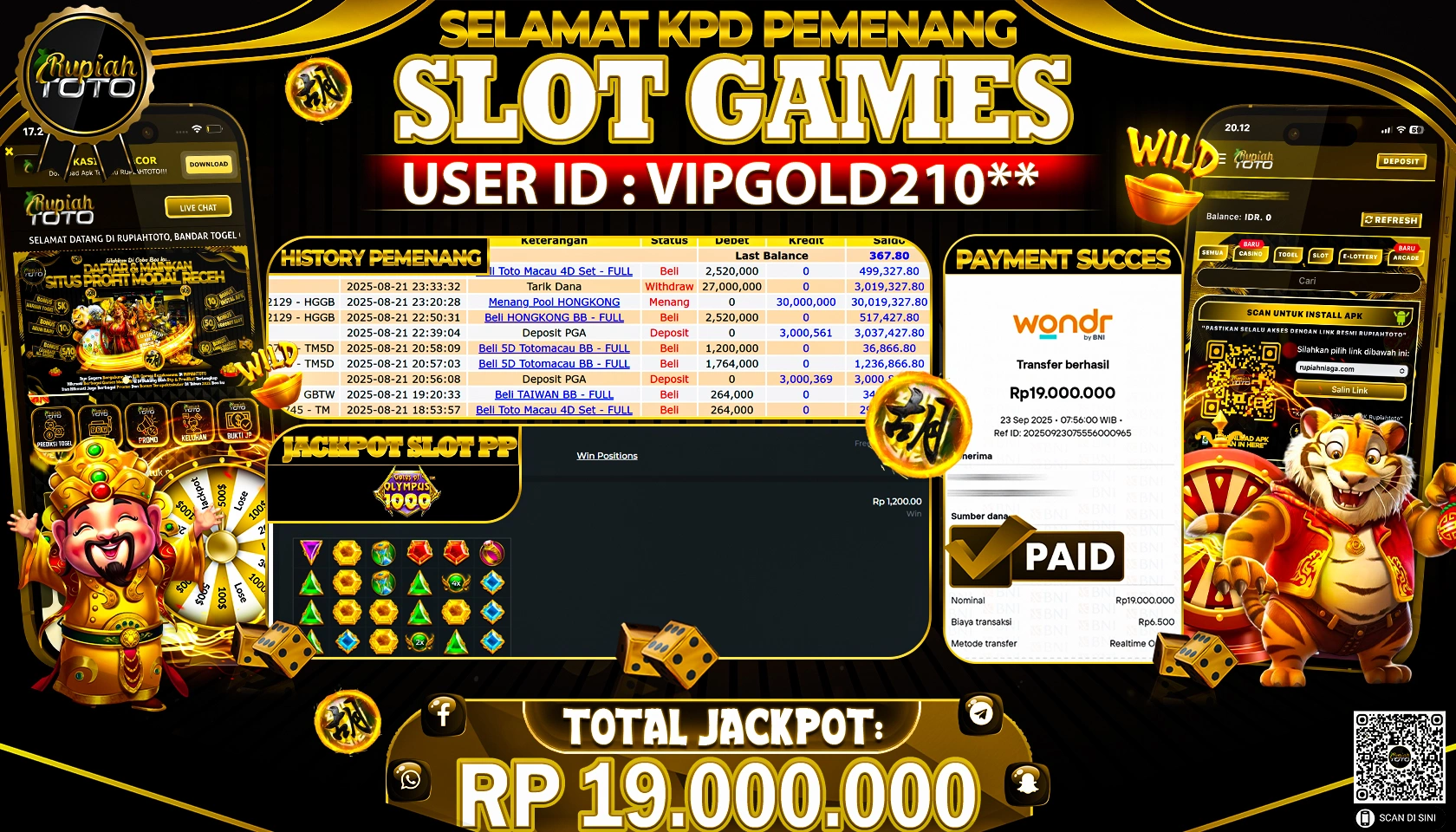 RUPIAHTOTO JACKPOT SLOT PP GATES OF OLYMPUS 1000 RP 19.000.000 JUTA RUPIAH LUNAS