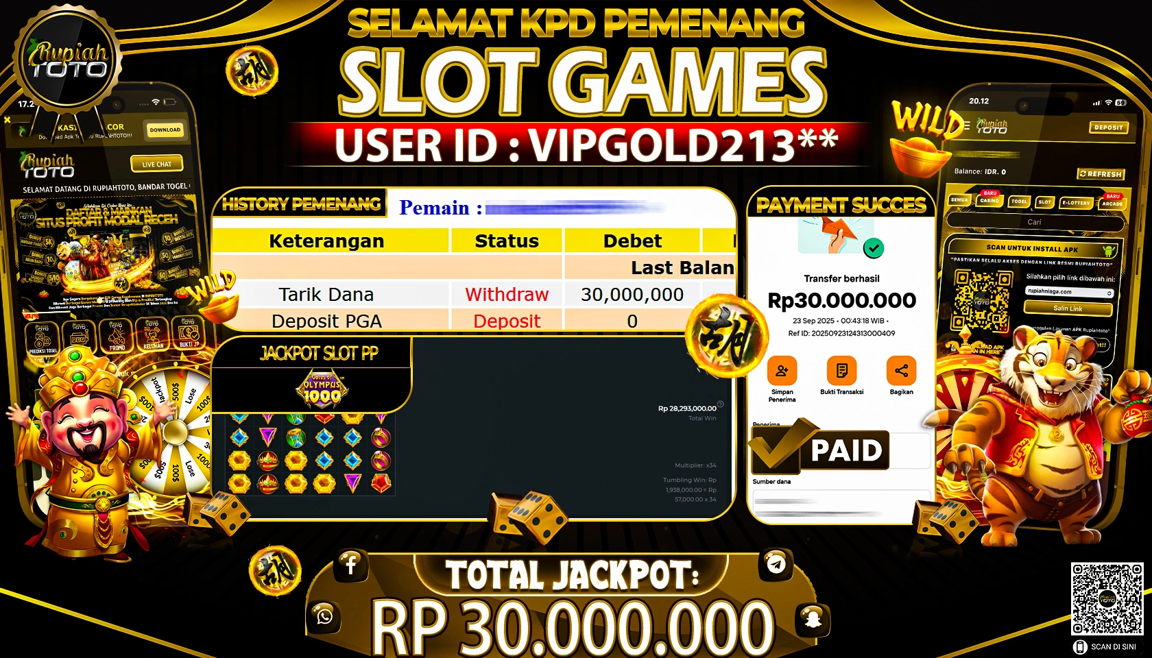 RUPIAHTOTO JACKPOT SLOT PP GATES OF OLYMPUS 1000 RP 30.000.000 JUTA RUPIAH LUNAS