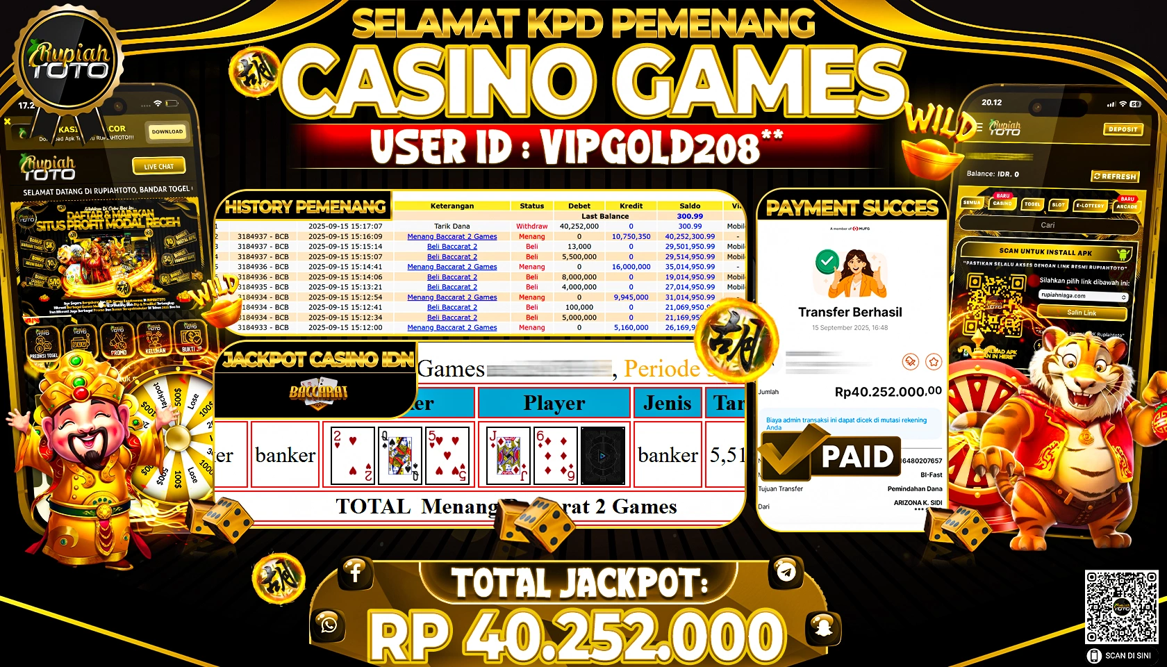 RUPIAHTOTO JACKPOT DI CASINO IDN - BACCARAT RP 40.252.000 JUTA RUPIAH LUNAS