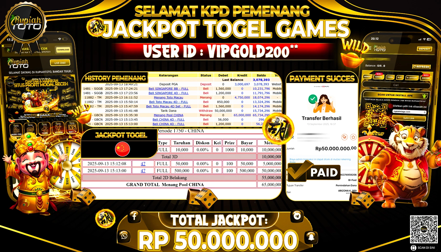 RUPIAHTOTO JACKPOT DI  TOGEL -  CHINA4D RP 50.000.000 JUTA RUPIAH LUNAS