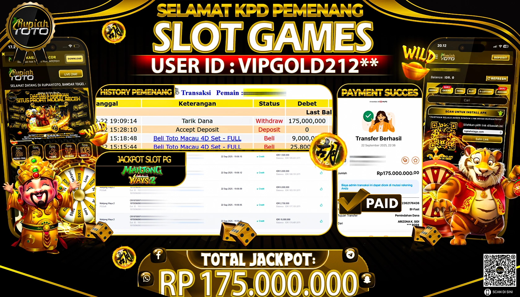 RUPIAHTOTO JACKPOT SLOT PG MAHJONG WAYS 2 RP 175.000.000 JUTA RUPIAH LUNAS