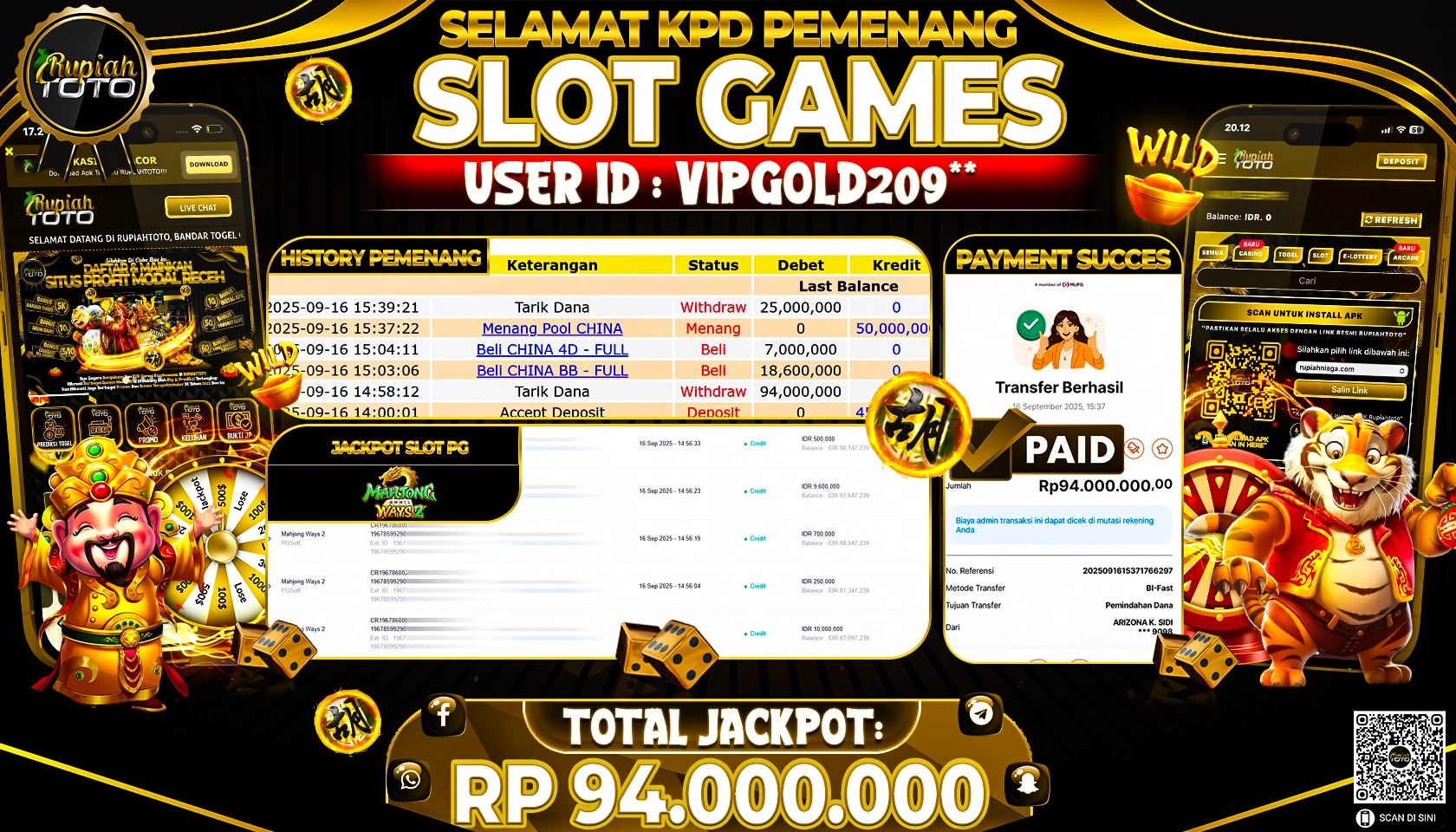 RUPIAHTOTO JACKPOT SLOT MAHJONG WAYS 2 RP 94.000.000 JUTA RUPIAH LUNAS