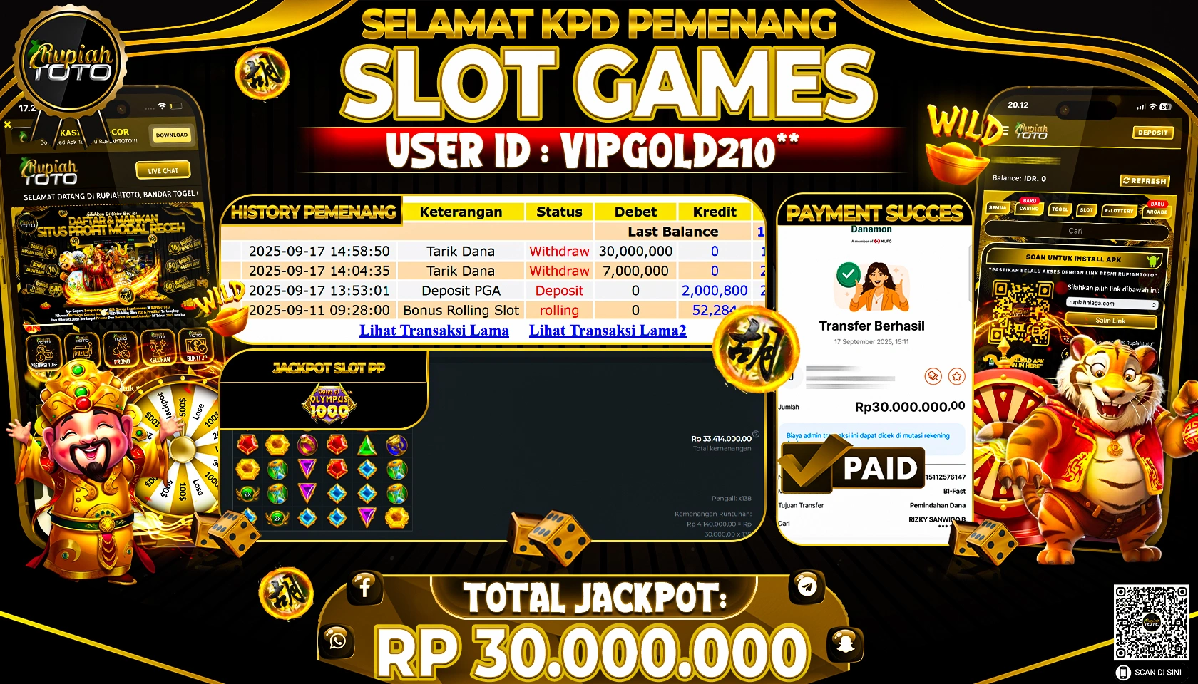 RUPIAHTOTO JACKPOT SLOT PP GATES OF OLYMPUS 1000 RP 30.000.000 JUTA RUPIAH LUNAS