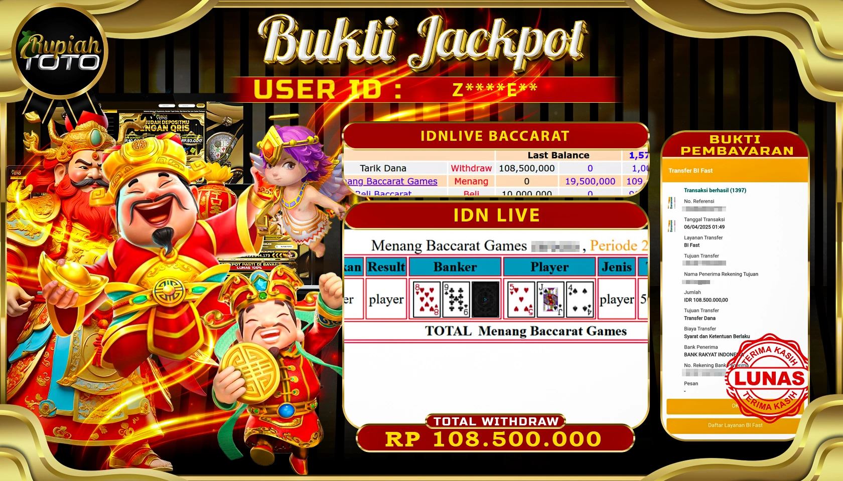 RUPIAHTOTO JACKPOT DI IDNLIVE BACCARAT GAMES BACCARAT RP 108.500.000 JUTA RUPIAH LUNAS