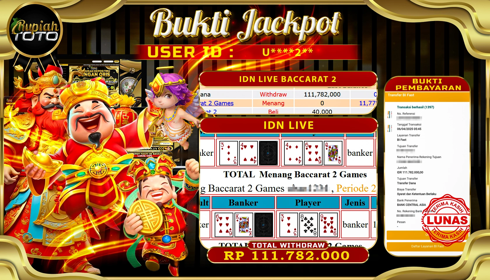RUPIAHTOTO JACKPOT DI IDNLIVE BACCARAT GAMES BACCARAT RP 111.782.000 JUTA RUPIAH LUNAS