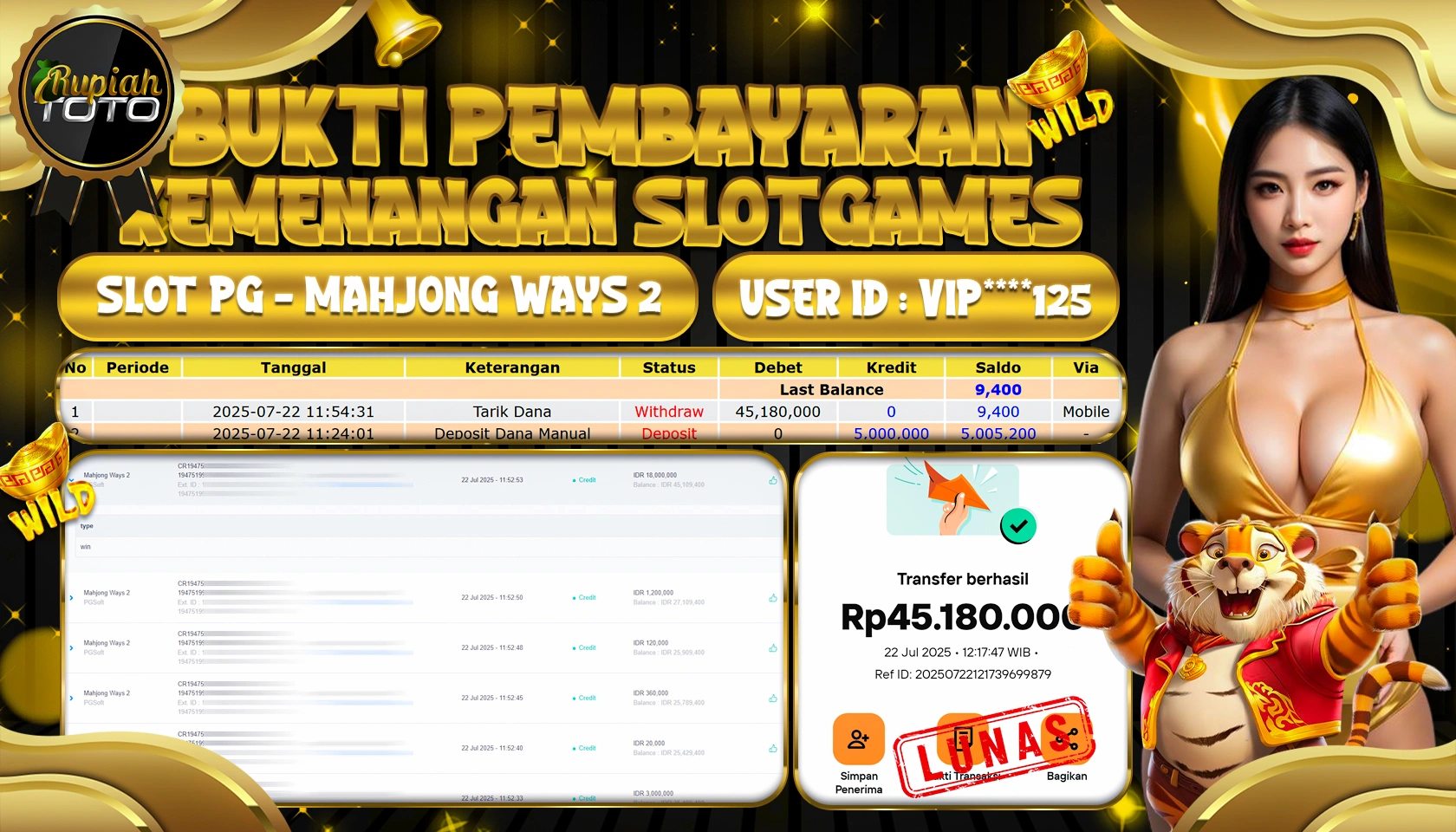 RUPIAHTOTO JACKPOT SLOT DI PG SOFT GAMES MAHJONG WAYS 2 RP 45,180,000 JUTA RUPIAH LUNAS