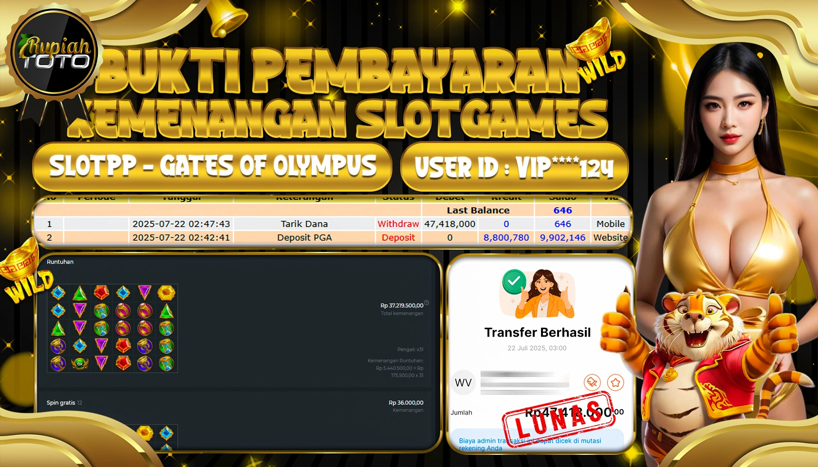 RUPIAHTOTO JACKPOT SLOT DI PRAGMATIC PLAY GAMES GATES OF OLYMPUS2 RP 47,418,000 JUTA RUPIAH LUNAS